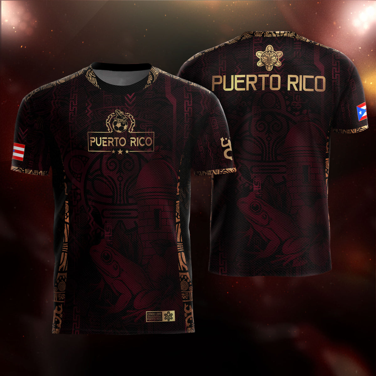 Puerto Rico Maroon Gold Heritage Taino Sun Boricua Coqui Frog Garita Soccer Jersey