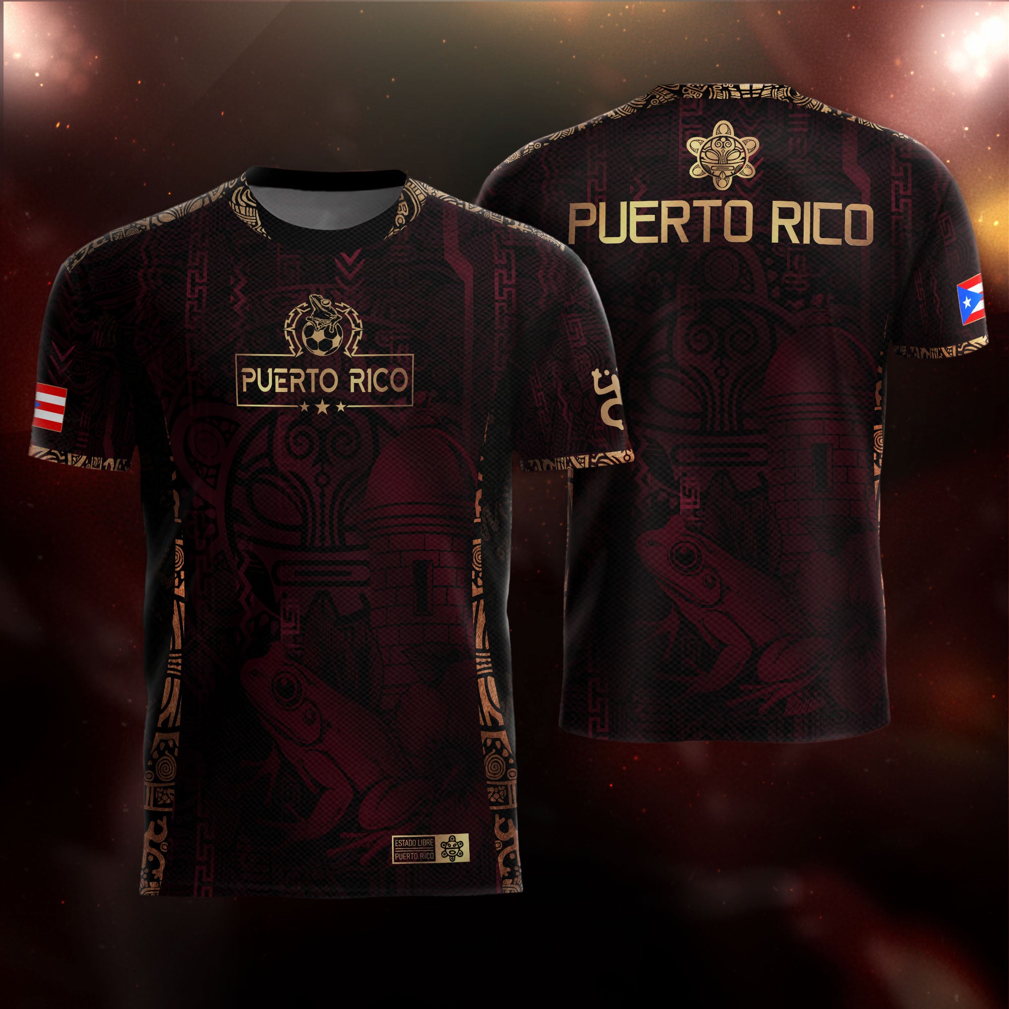 Puerto Rico Maroon Gold Heritage Taino Sun Boricua Coqui Frog Garita Camiseta de fútbol
