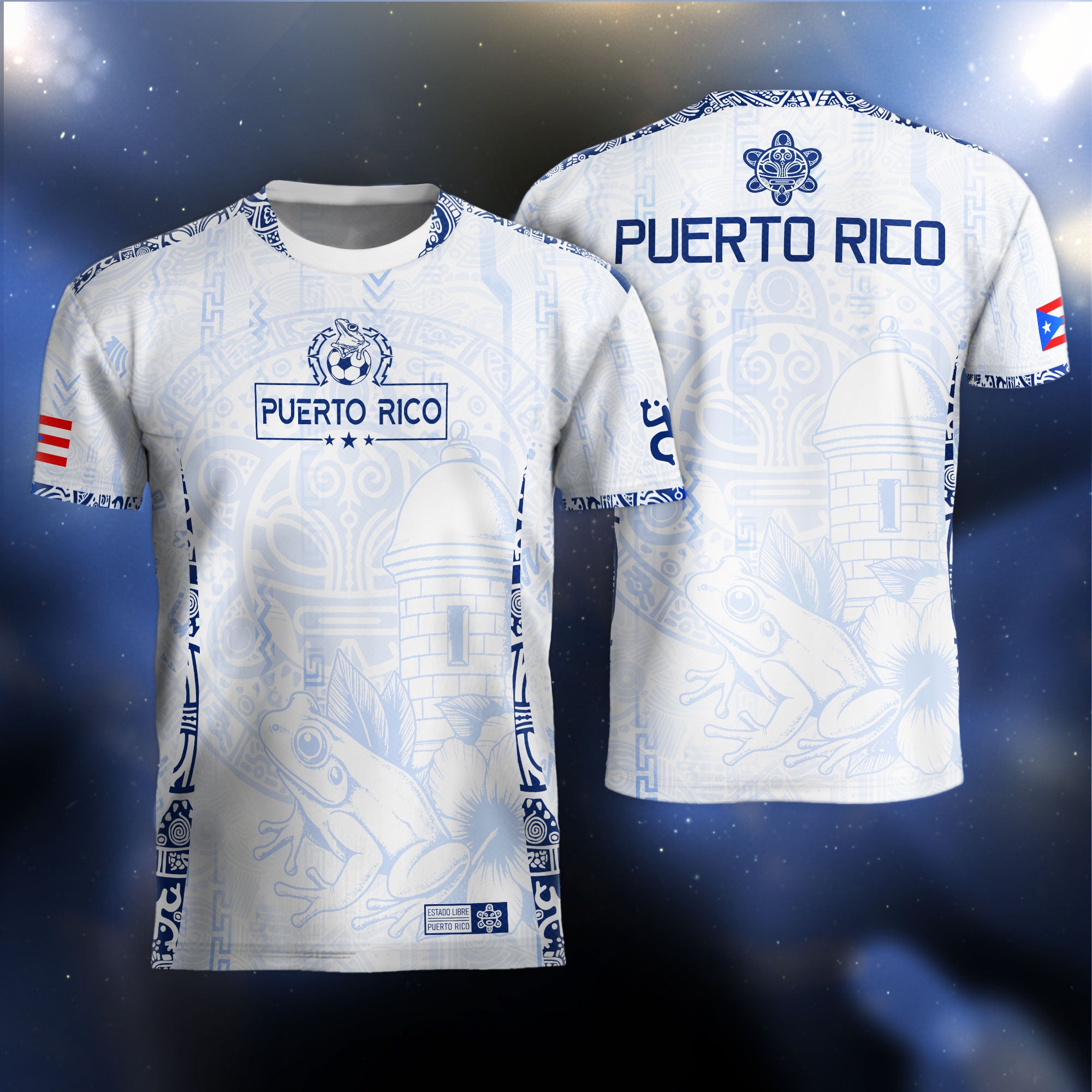 Puerto Rico Blanco Azul Coqui Rana Garita Floral Taino Sun National Heritage Soccer Jersey
