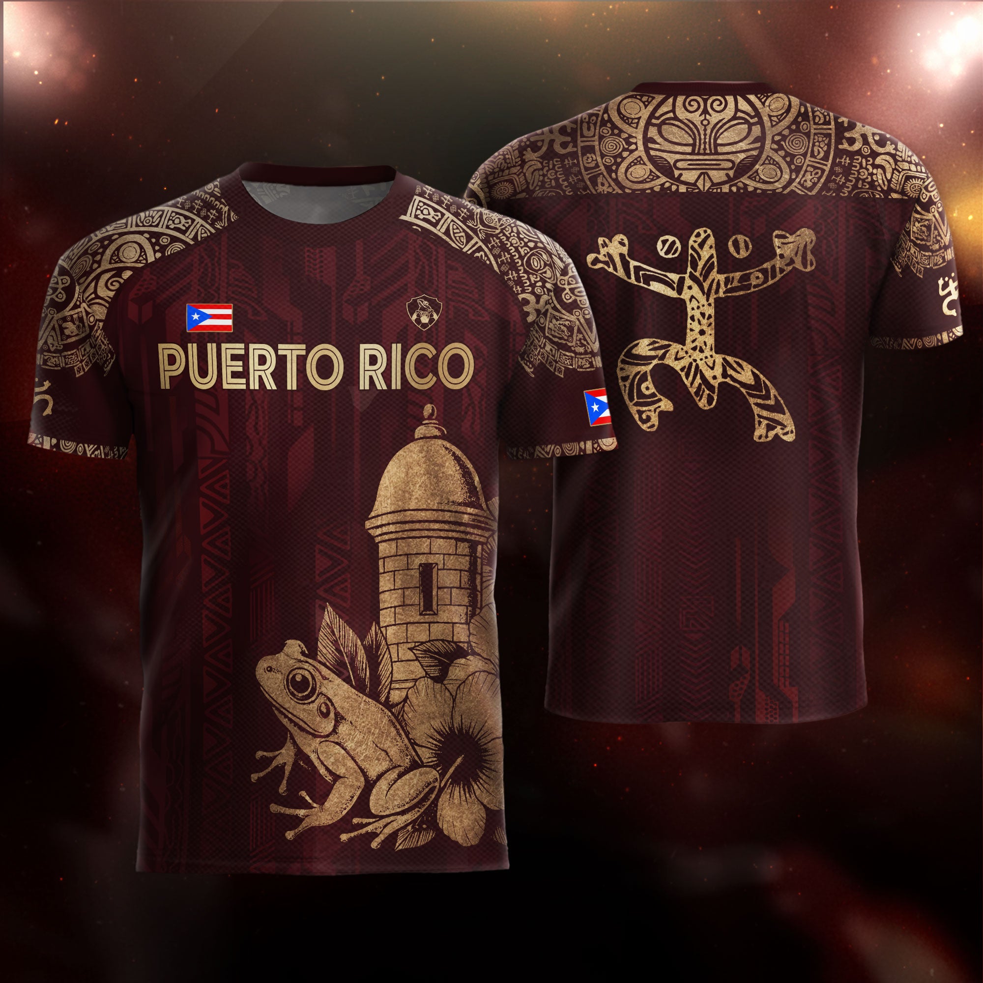 Puerto Rico Maroon Gold Coqui Frog Garita Floral Taino Sun National Heritage Camiseta de fútbol