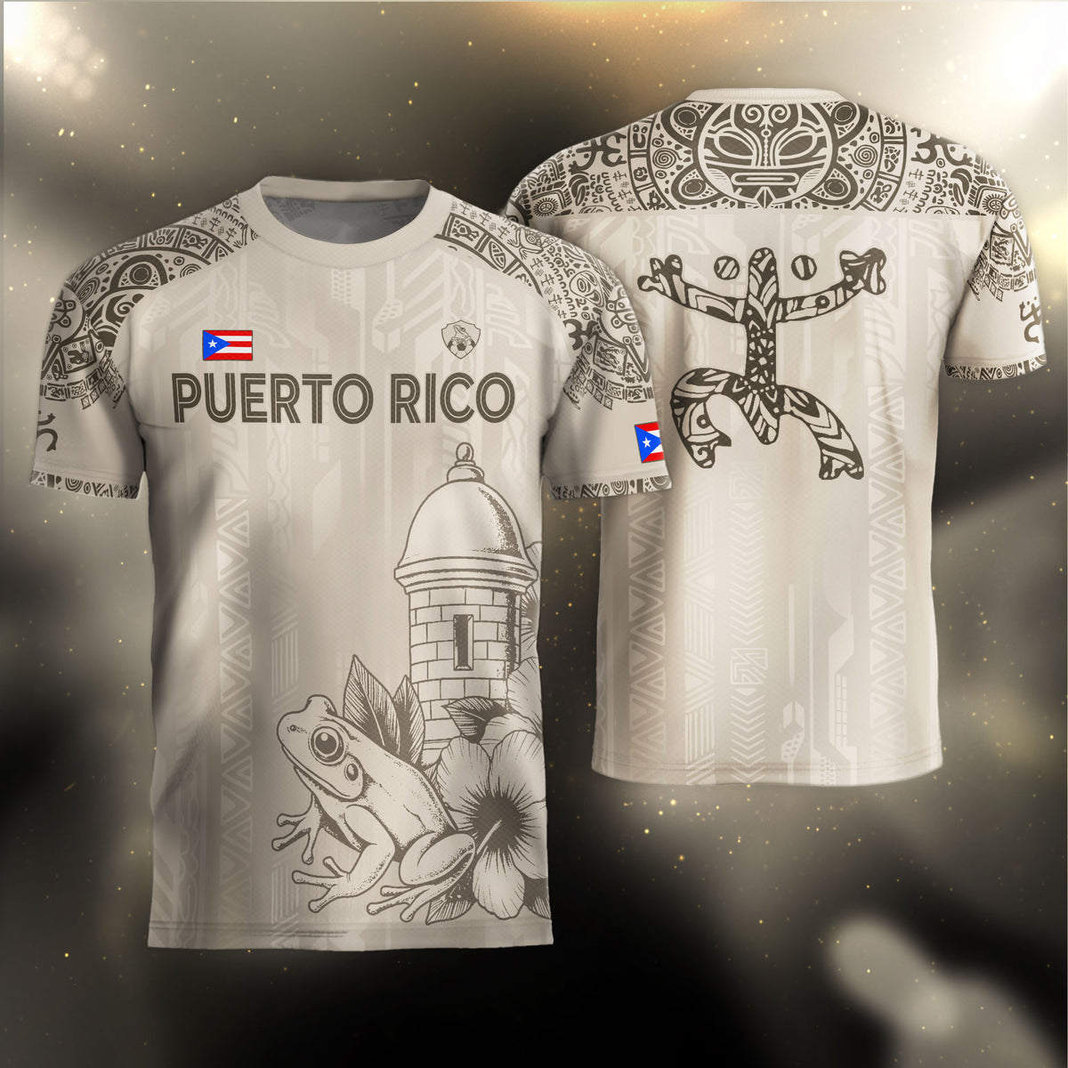 Puerto Rico Beige Gold Coqui Frog Garita Floral Taino Sun National Heritage Soccer Jersey