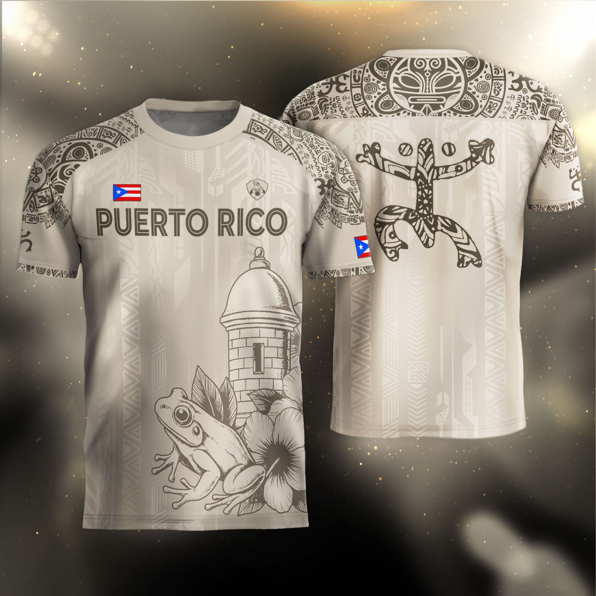 Puerto Rico Beige Oro Coqui Rana Garita Floral Taino Sol Patrimonio Nacional Camiseta de Fútbol
