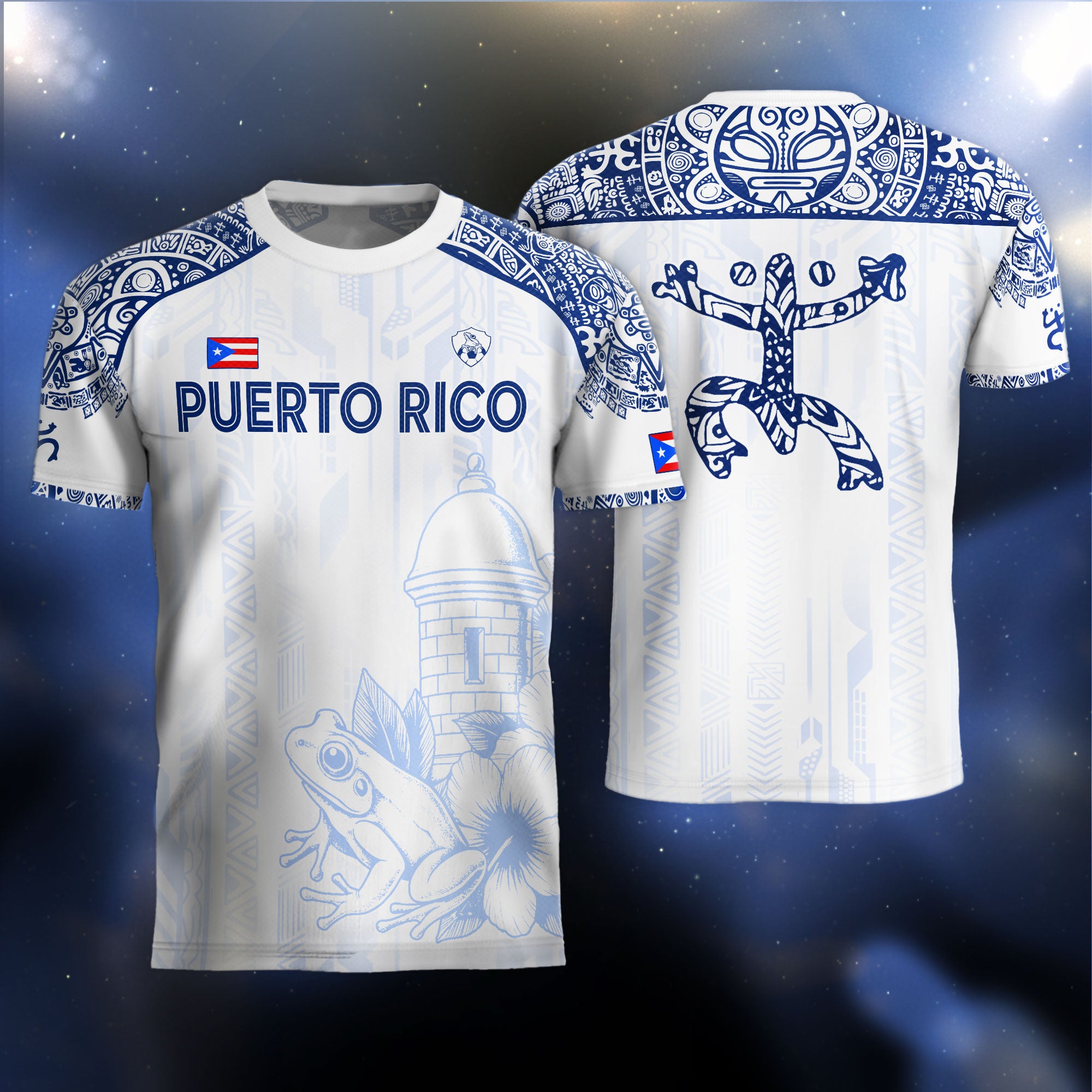 Puerto Rico White Blue Coqui Frog Floral Garita Taino Sun Island Heritage Soccer Jersey