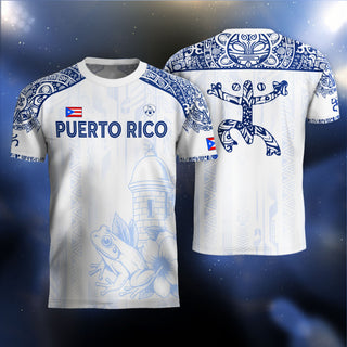 Puerto Rico Soccer Jersey in White Blue for Men and Women, Coqui Frog Floral Garita Taino Sun, Puerto Rico Shirt and Puerto Rico Jersey, Northryn Co.