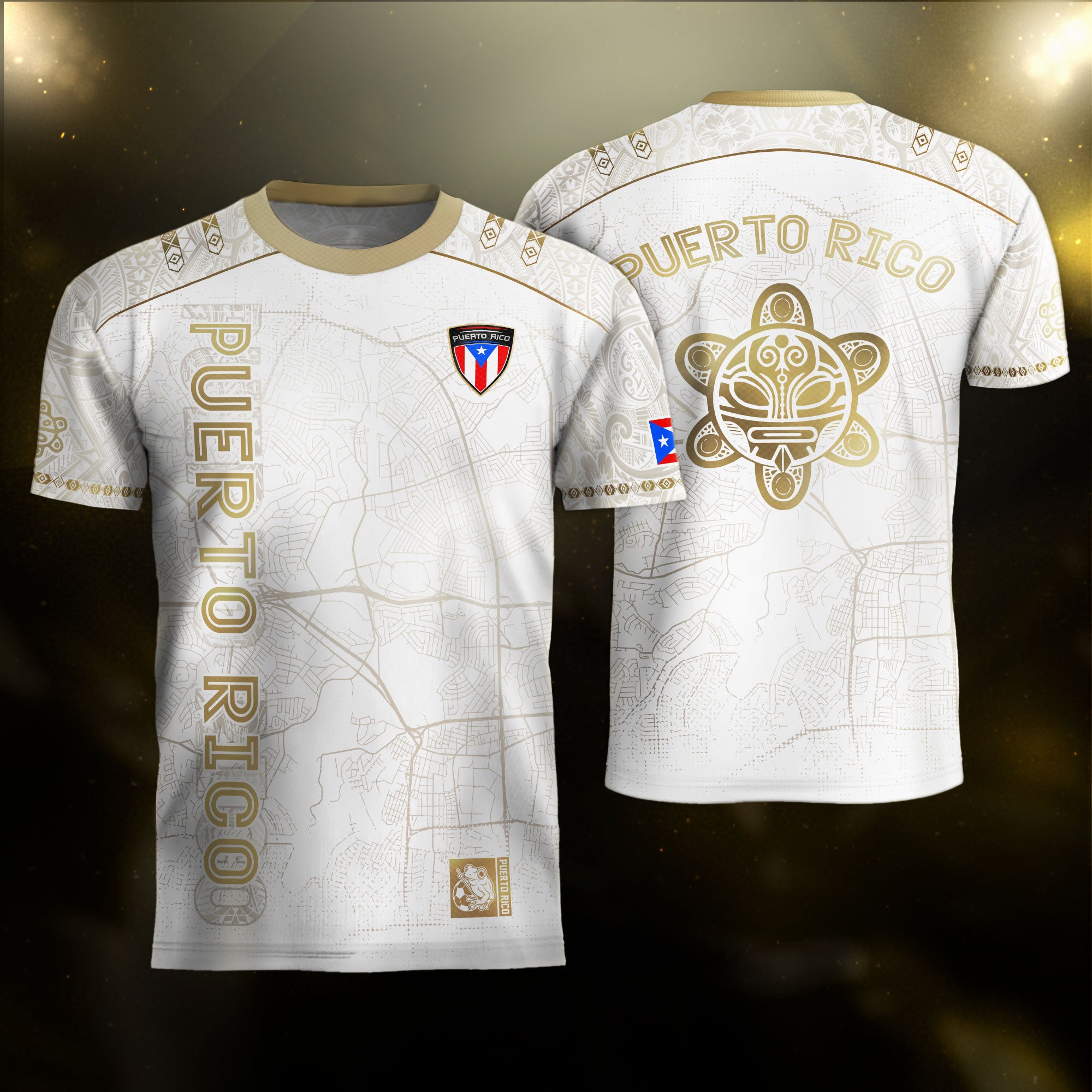 Camiseta de fútbol boricua del Patrimonio Nacional del Sol Taino con mapa de calles de Puerto Rico en oro blanco
