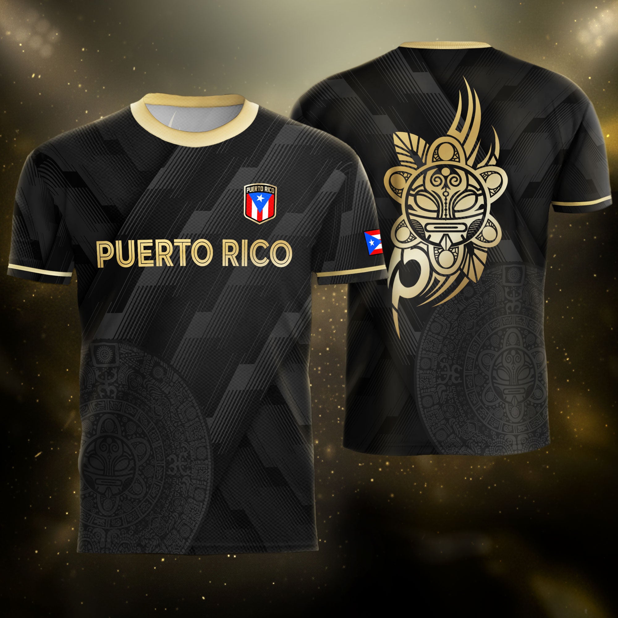 Puerto Rico Flag Boricua Taino Tribal Mask Gold Black National Pride Soccer Jersey