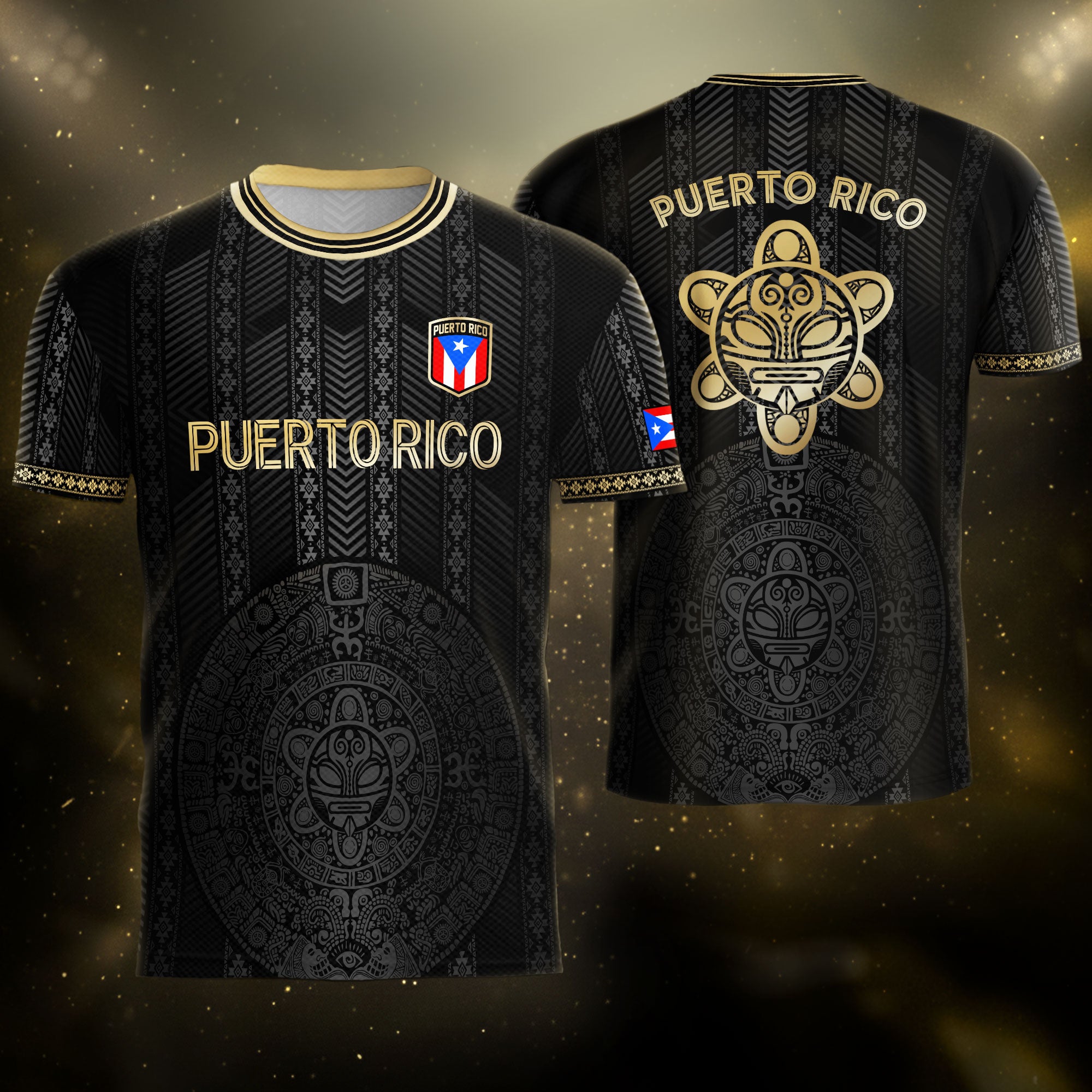 Puerto Rico Flag Boricua Taino Tribal Patterns Gold Black Pride Football Soccer Jersey