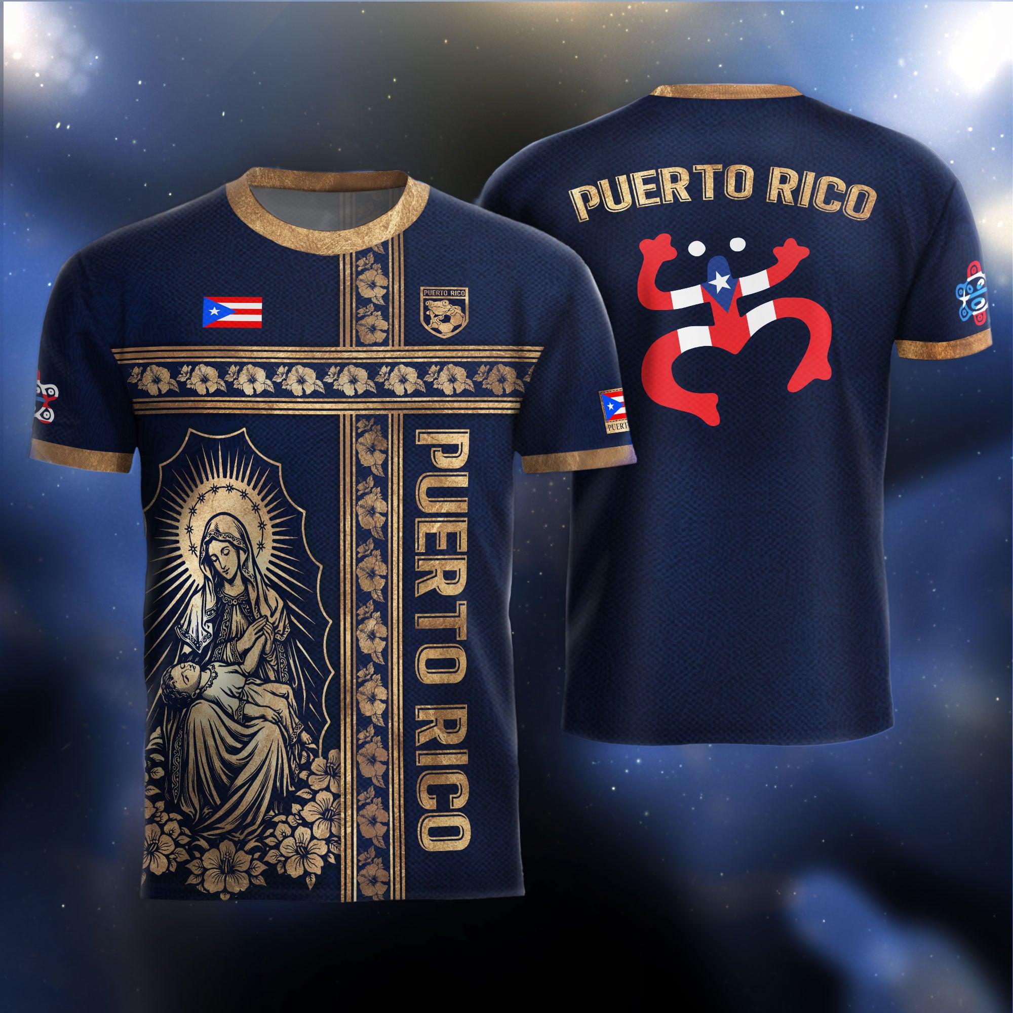 Camiseta de fútbol con máscara taína boricua azul marino de Puerto Rico, bandera tribal, orgullo nacional