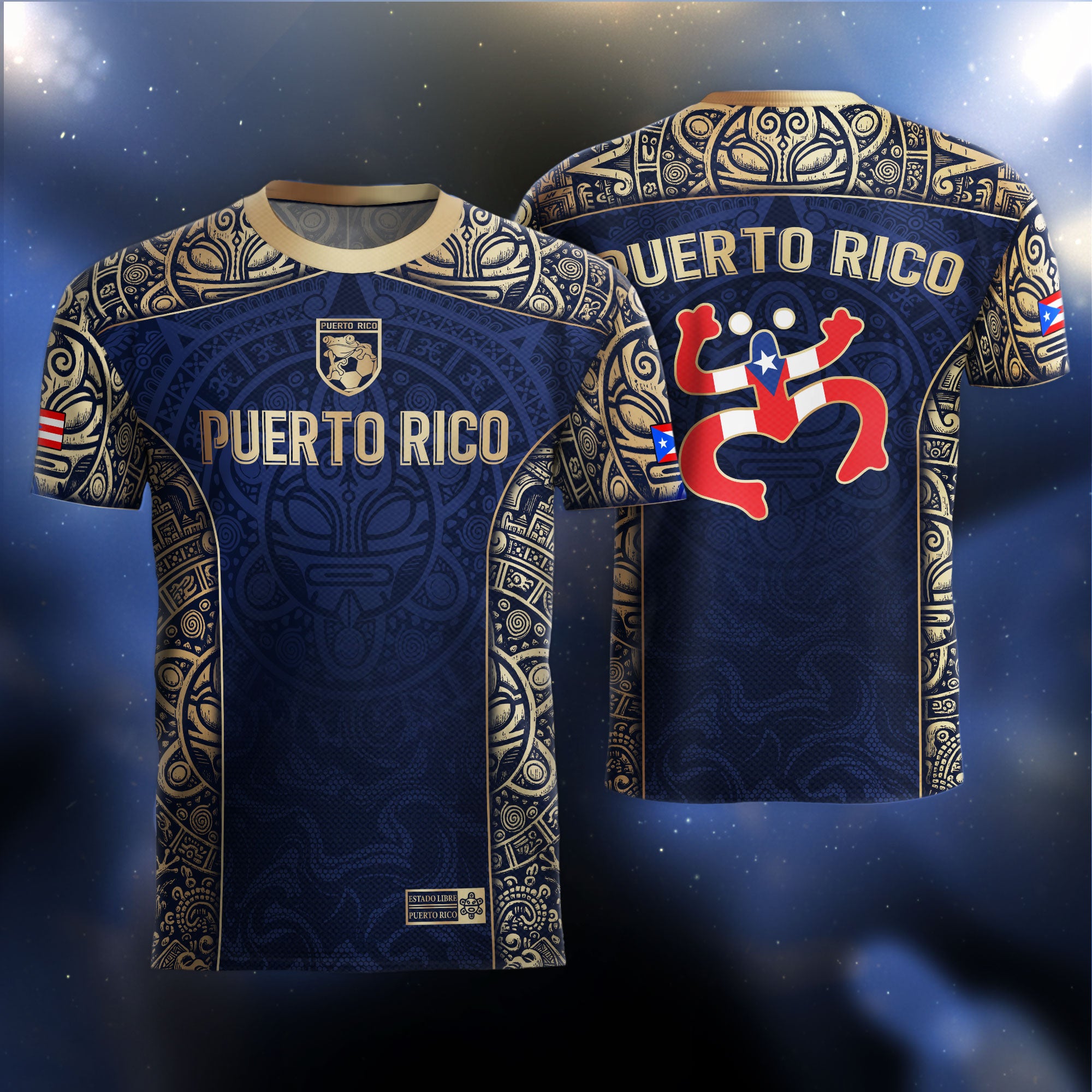 Puerto Rico Flag Boricua Taino Tribal Mask Coqui Navy Gold Pride Soccer Jersey