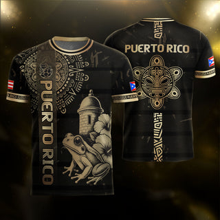 Coqui Frog Black Gold Puerto Rico Soccer Jersey for Men and Women, El Morro Taino National, Top Puerto Rico Shirt and Puerto Rico Jersey, Northryn Co.