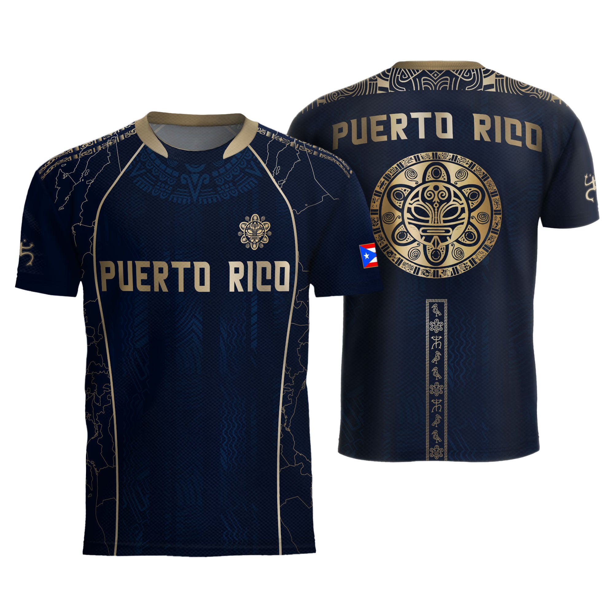 Puerto Rico Navy Gold Outline Map Taino Sun National Heritage Boricua Soccer Jersey