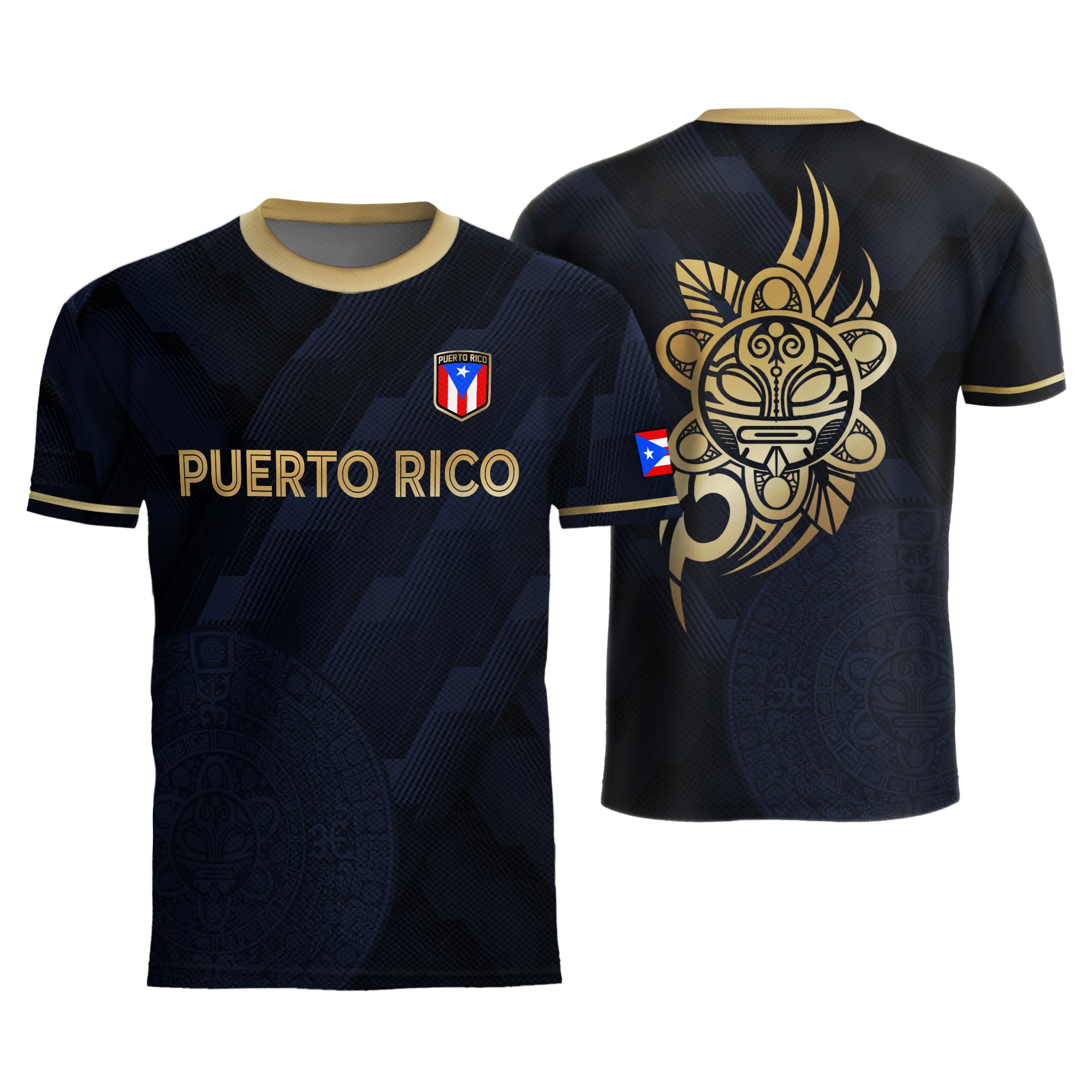 Camiseta de fútbol del orgullo nacional boricua del sol taíno dorado de la marina de Puerto Rico