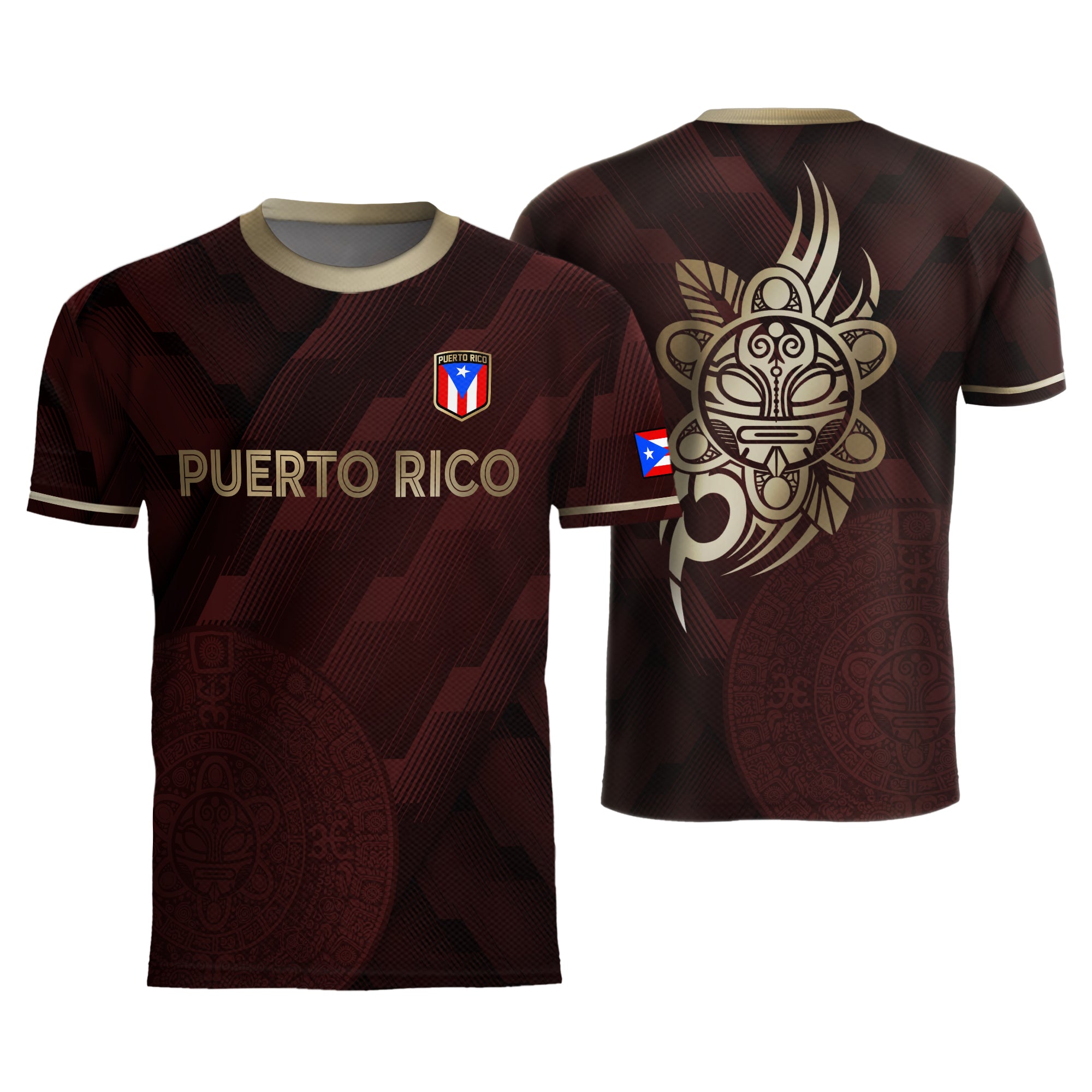 Camiseta de fútbol boricua del Patrimonio Nacional del Arte Taíno con Símbolo Dorado Granate de Puerto Rico