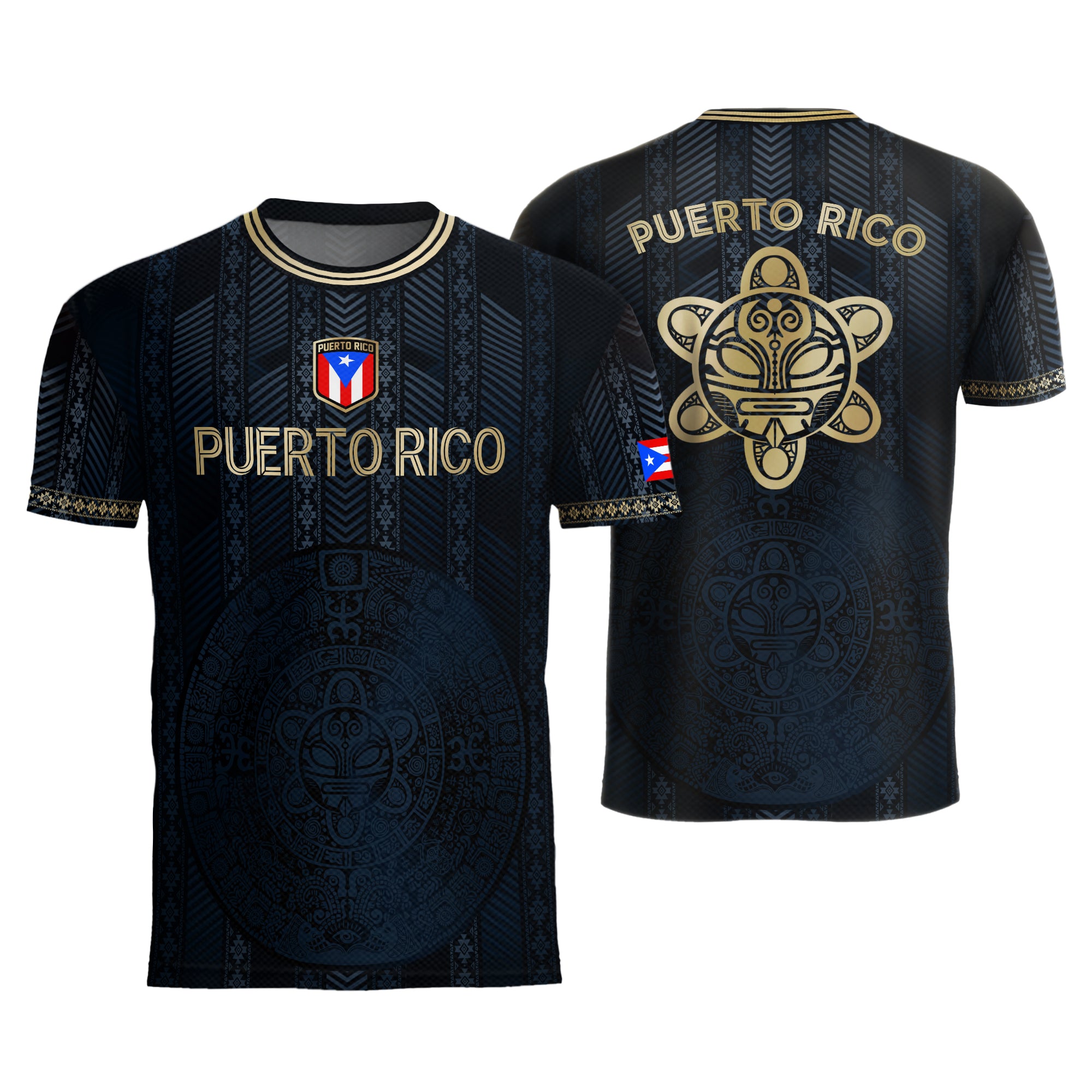 Camiseta de fútbol boricua de la herencia nacional tribal del sol taíno dorado de la marina de Puerto Rico