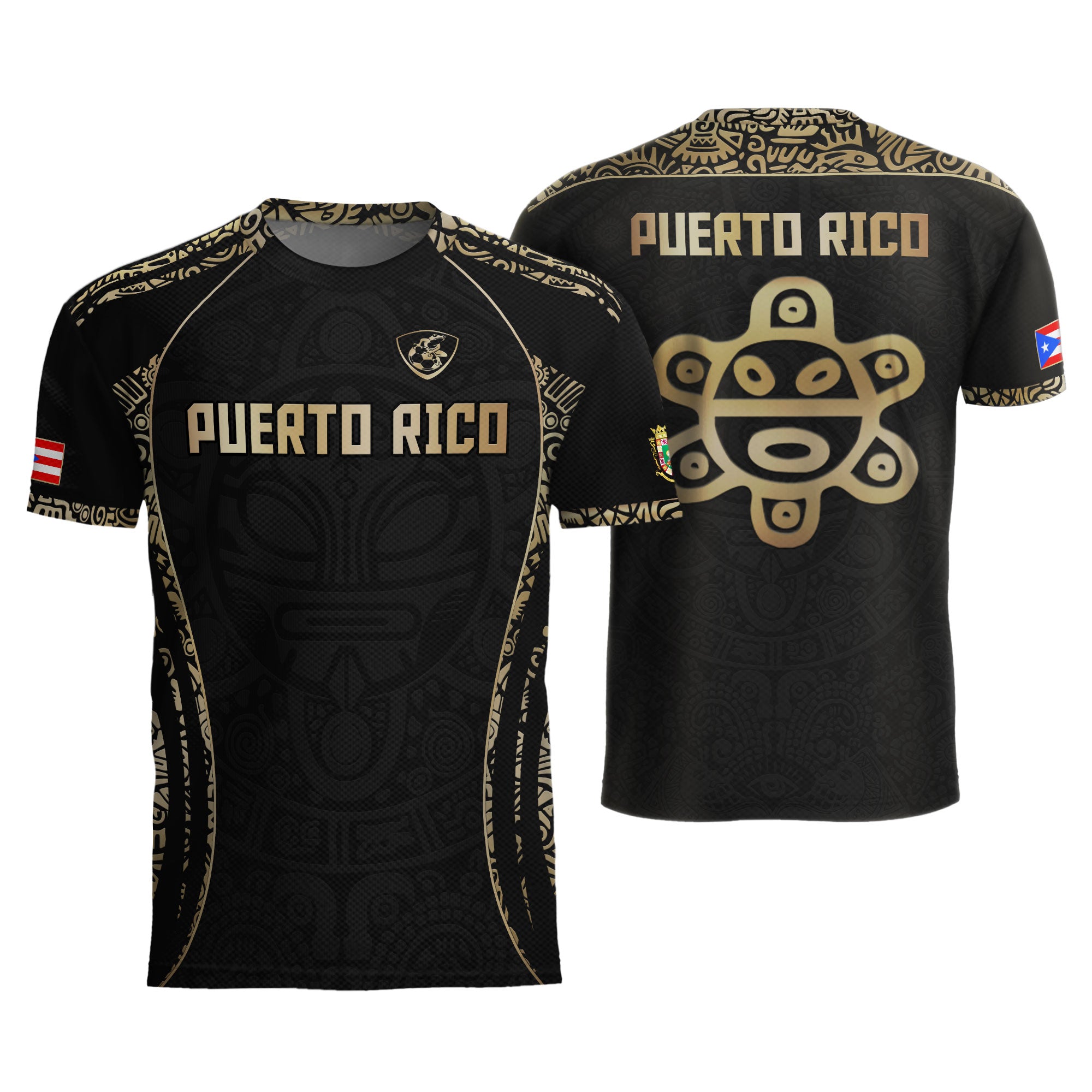 Camiseta de fútbol Puerto Rico Black Gold Boricua Taino Sun Mask Tribal National Pride Heritage