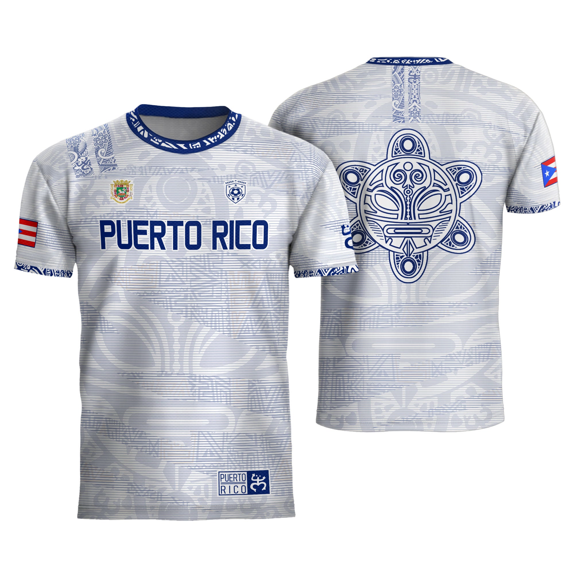 Puerto Rico White Blue Taino Tribal Pattern National Heritage Boricua Soccer Jersey