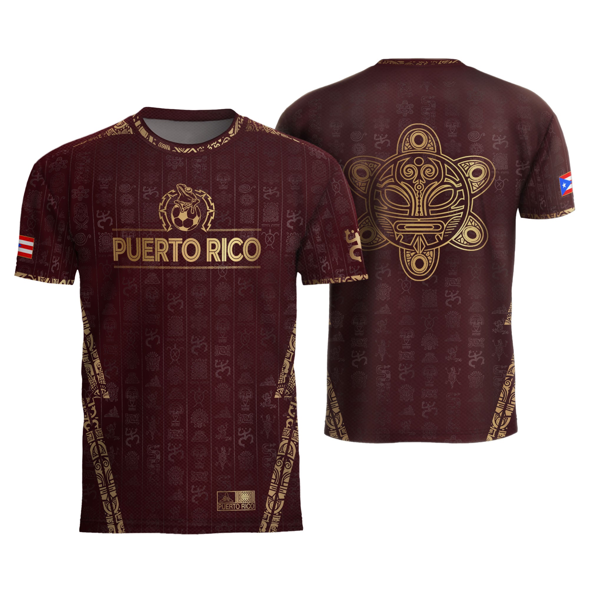 Camiseta de fútbol con símbolos boricuas del Sol Taíno, color dorado granate de Puerto Rico