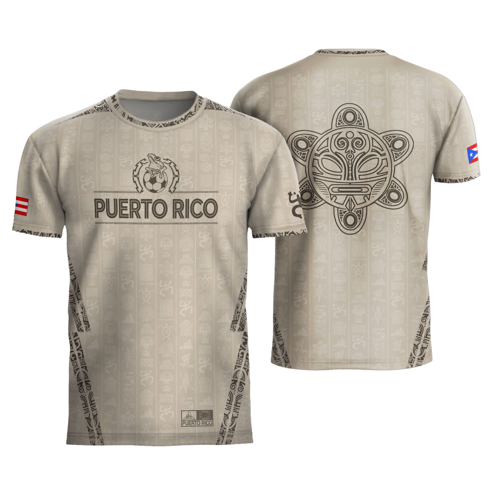 Camiseta de fútbol con símbolos boricuas del Sol Taino, color beige y dorado de Puerto Rico