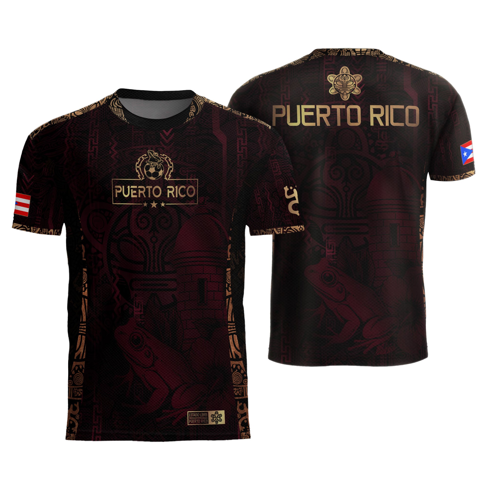 Puerto Rico Maroon Gold Heritage Taino Sun Boricua Coqui Frog Garita Camiseta de fútbol