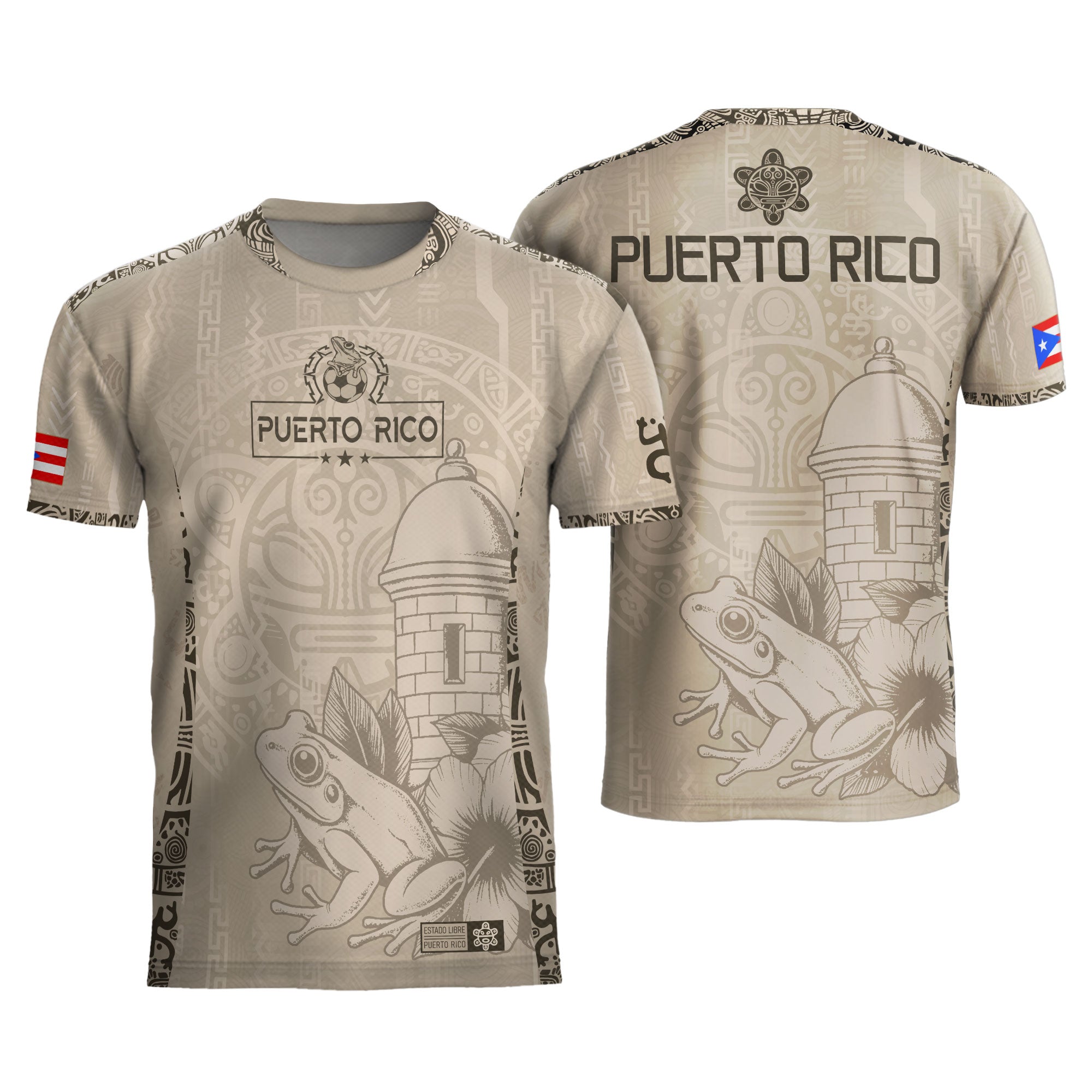 Puerto Rico Beige Gold Coqui Frog Floral Garita Taino Sun National Heritage Soccer Jersey