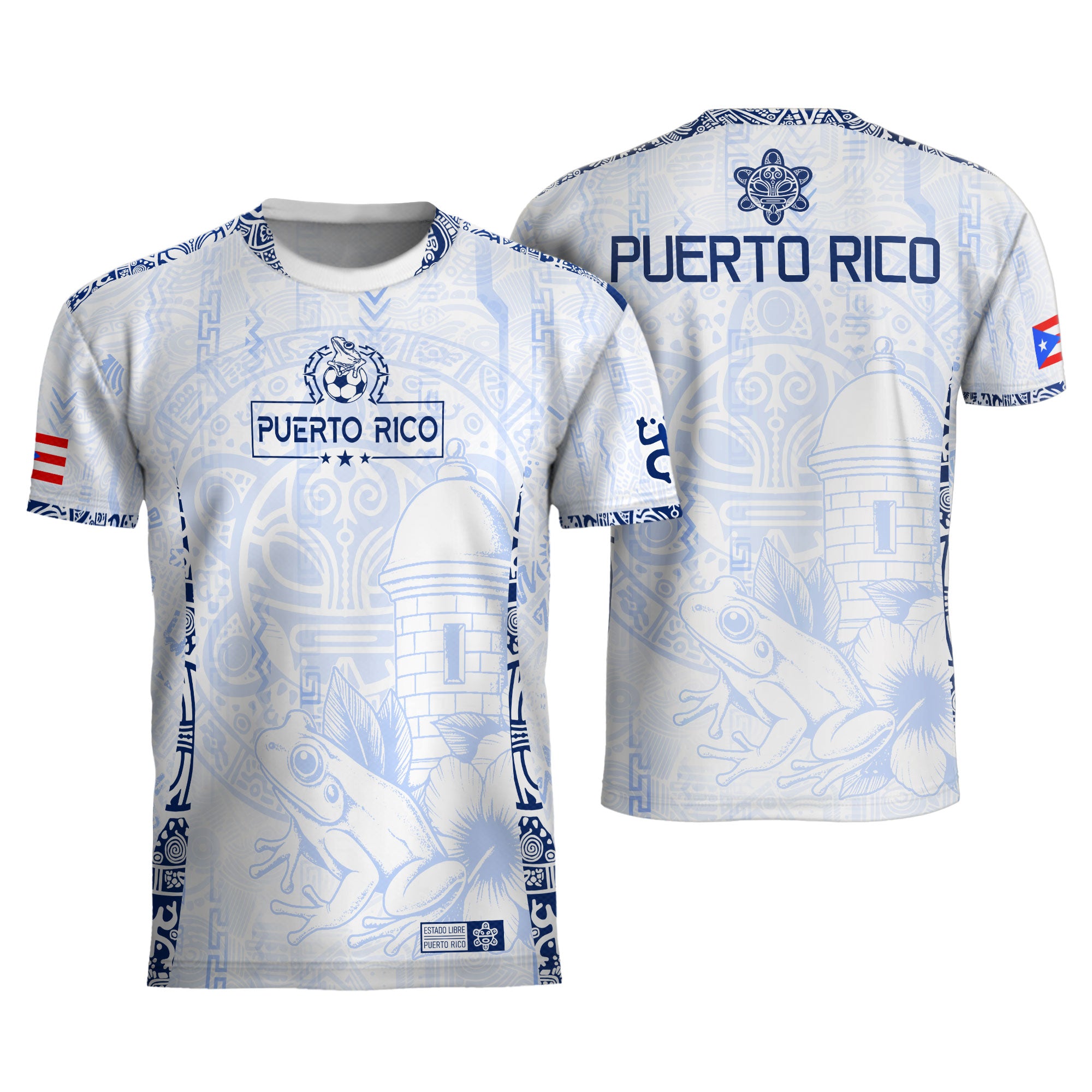 Puerto Rico Blanco Azul Coqui Rana Garita Floral Taino Sun National Heritage Soccer Jersey