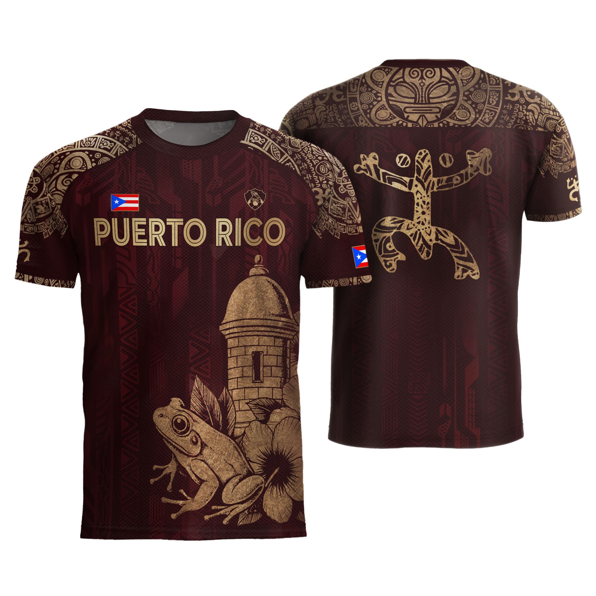 Puerto Rico Maroon Gold Coqui Frog Garita Floral Taino Sun National Heritage Camiseta de fútbol