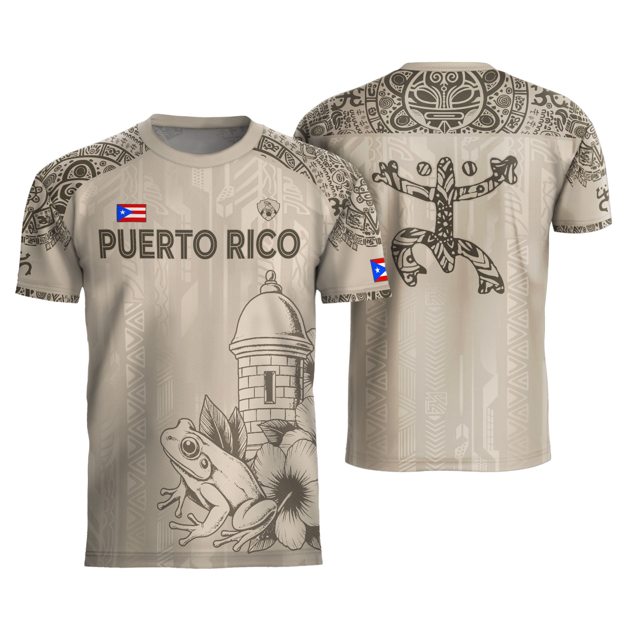 Puerto Rico Beige Oro Coqui Rana Garita Floral Taino Sol Patrimonio Nacional Camiseta de Fútbol