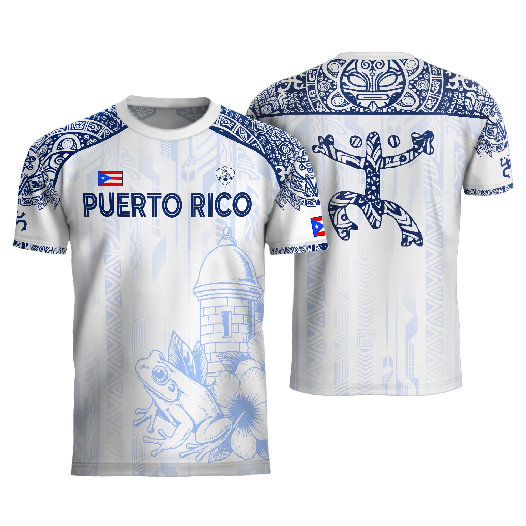 Puerto Rico White Blue Coqui Frog Floral Garita Taino Sun Island Heritage Soccer Jersey