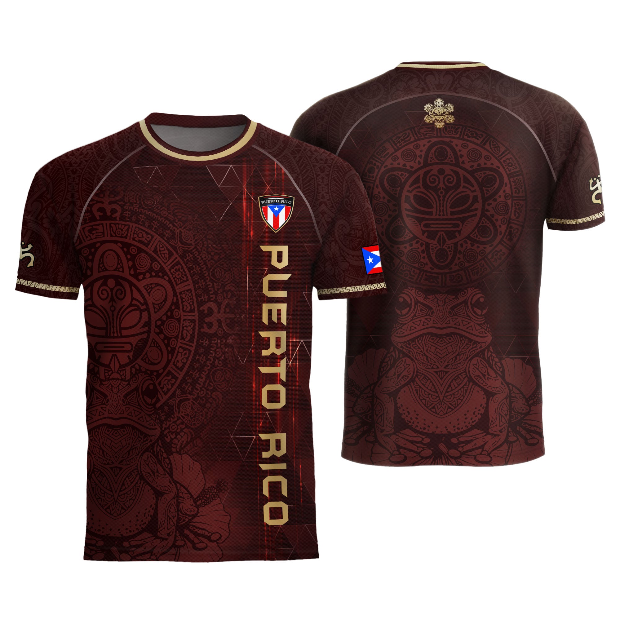 Puerto Rico Maroon Gold Coqui Frog Taino Sun National Heritage Boricua Soccer Jersey