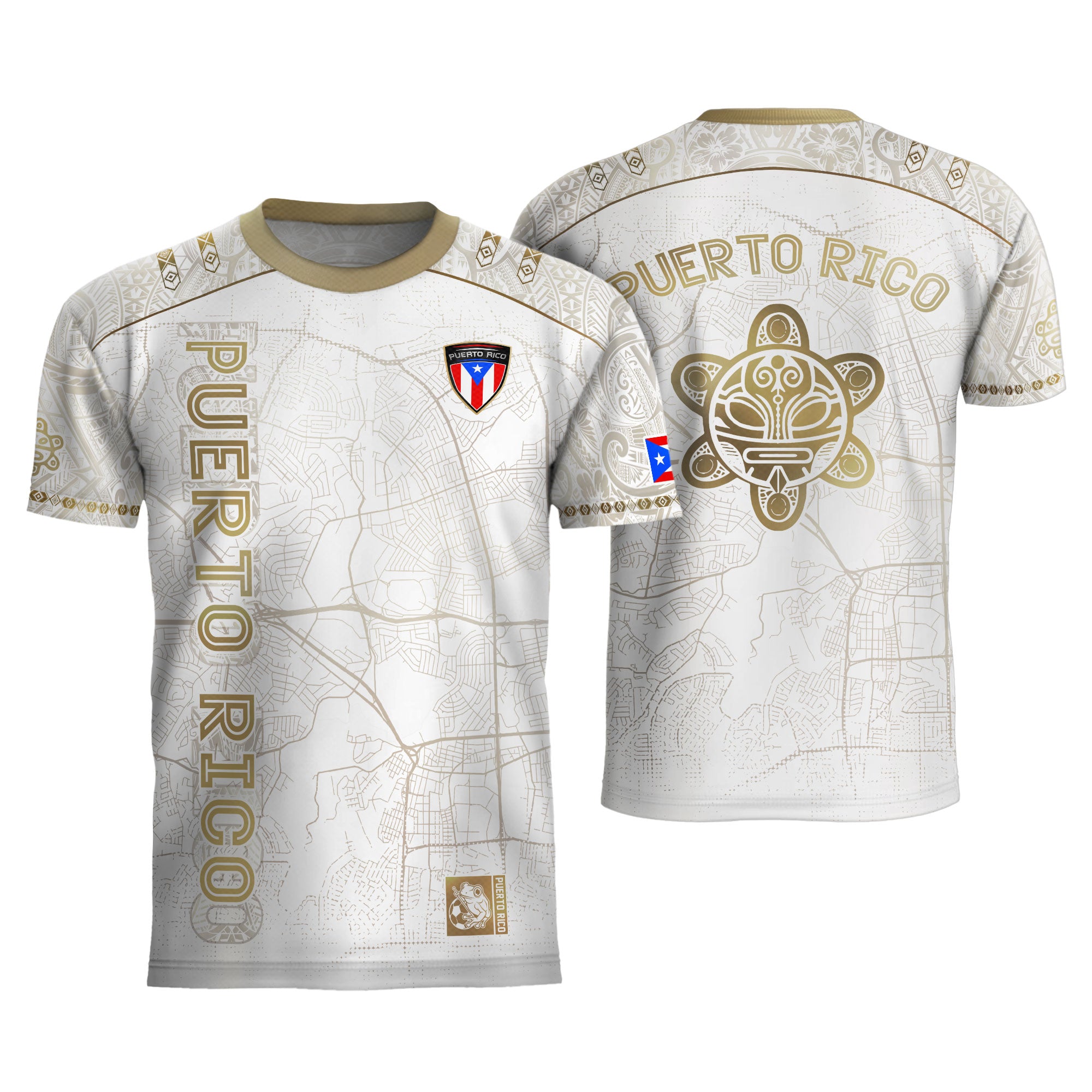 Camiseta de fútbol boricua del Patrimonio Nacional del Sol Taino con mapa de calles de Puerto Rico en oro blanco