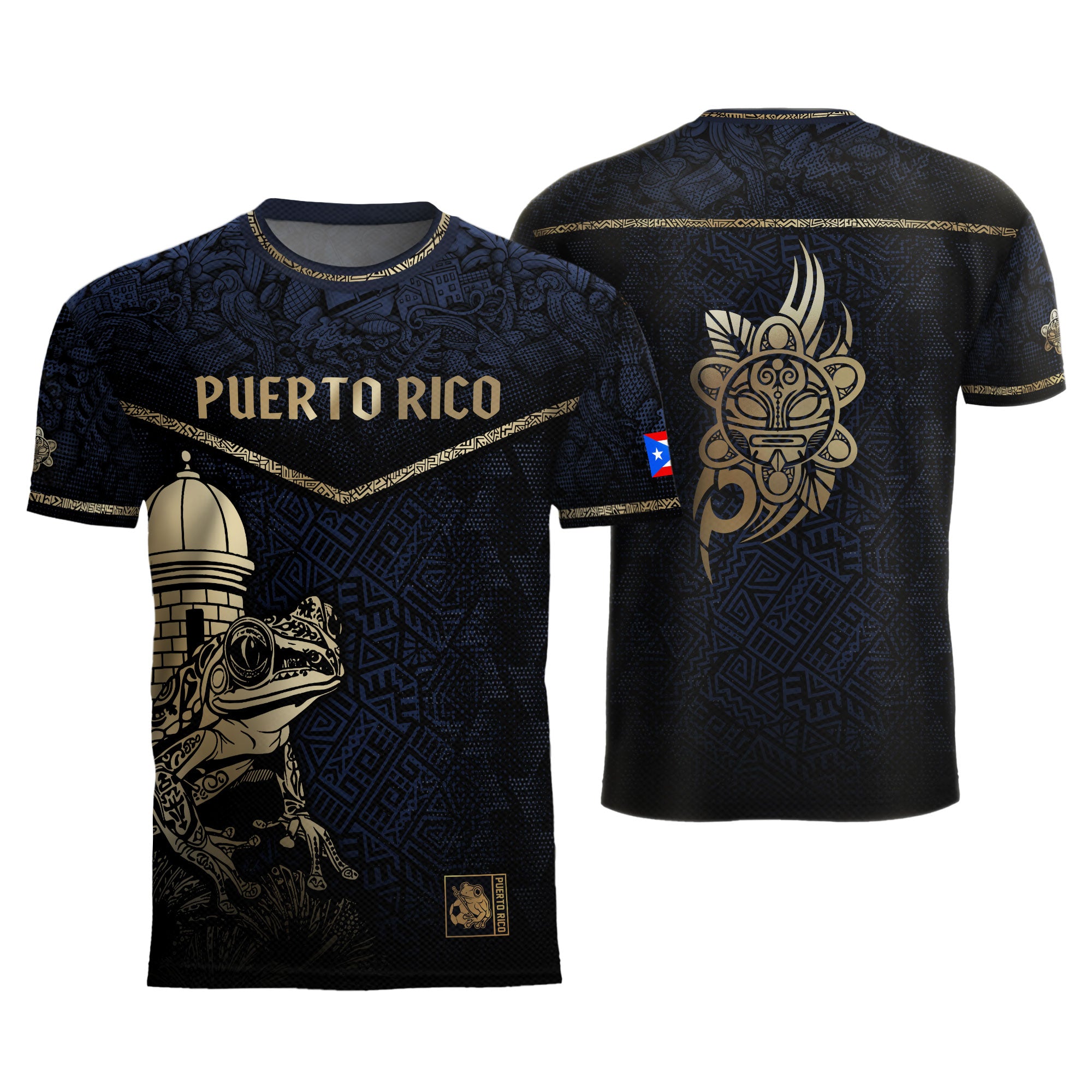 Puerto Rico Navy Gold Coqui Frog Garita Taino Sun National Heritage Camiseta de fútbol