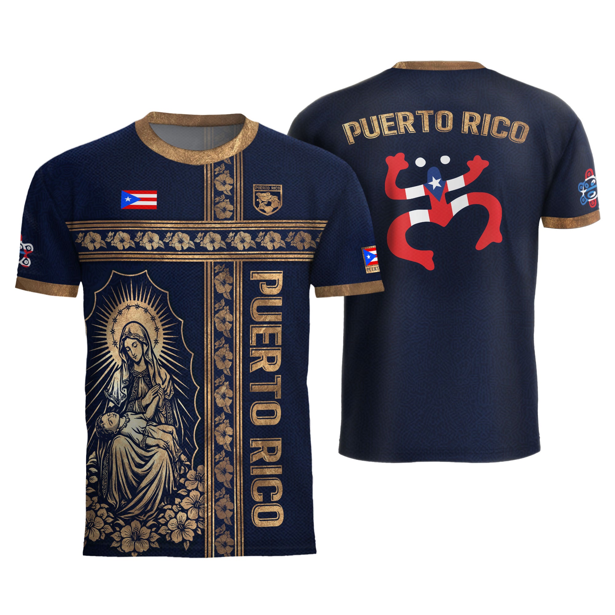 Camiseta de fútbol con máscara taína boricua azul marino de Puerto Rico, bandera tribal, orgullo nacional