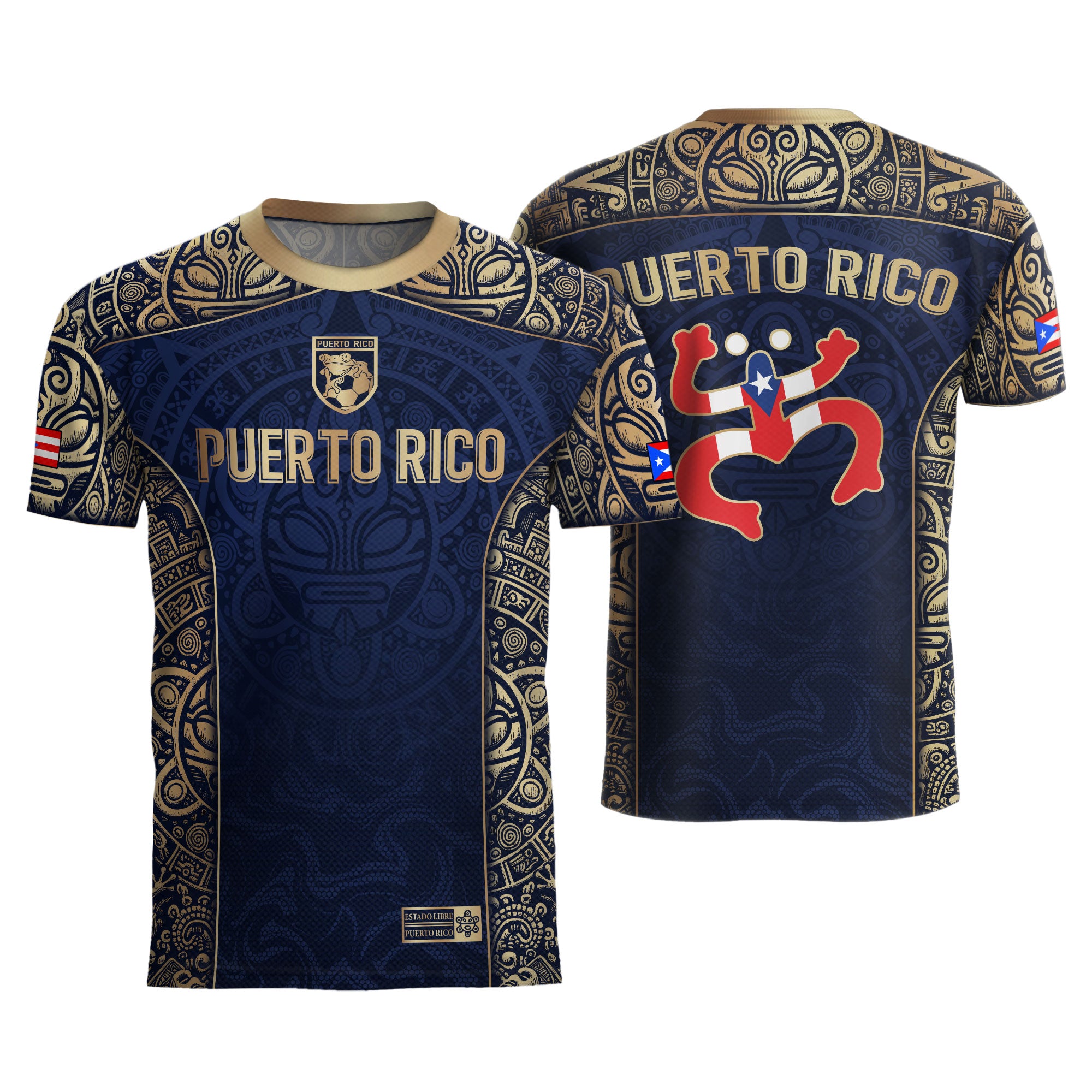 Puerto Rico Flag Boricua Taino Tribal Mask Coqui Navy Gold Pride Soccer Jersey