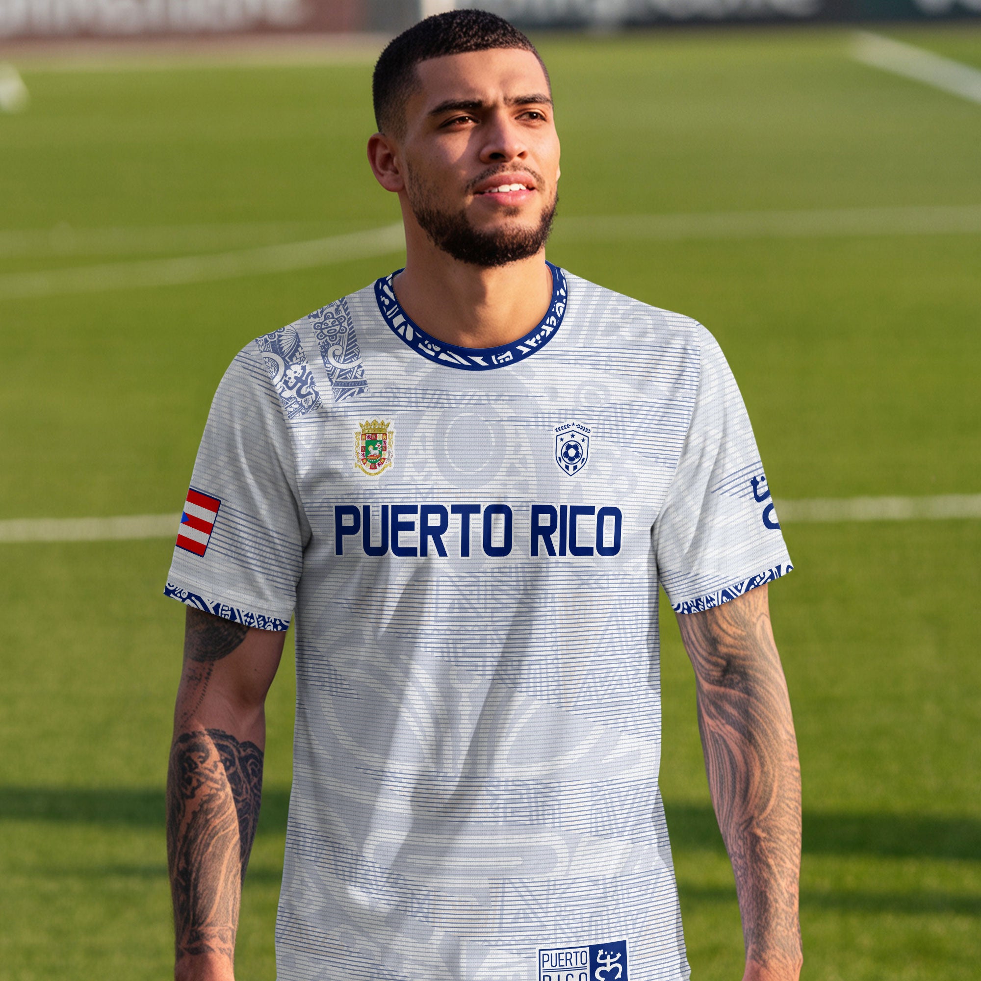 Puerto Rico White Blue Taino Tribal Pattern National Heritage Boricua Soccer Jersey