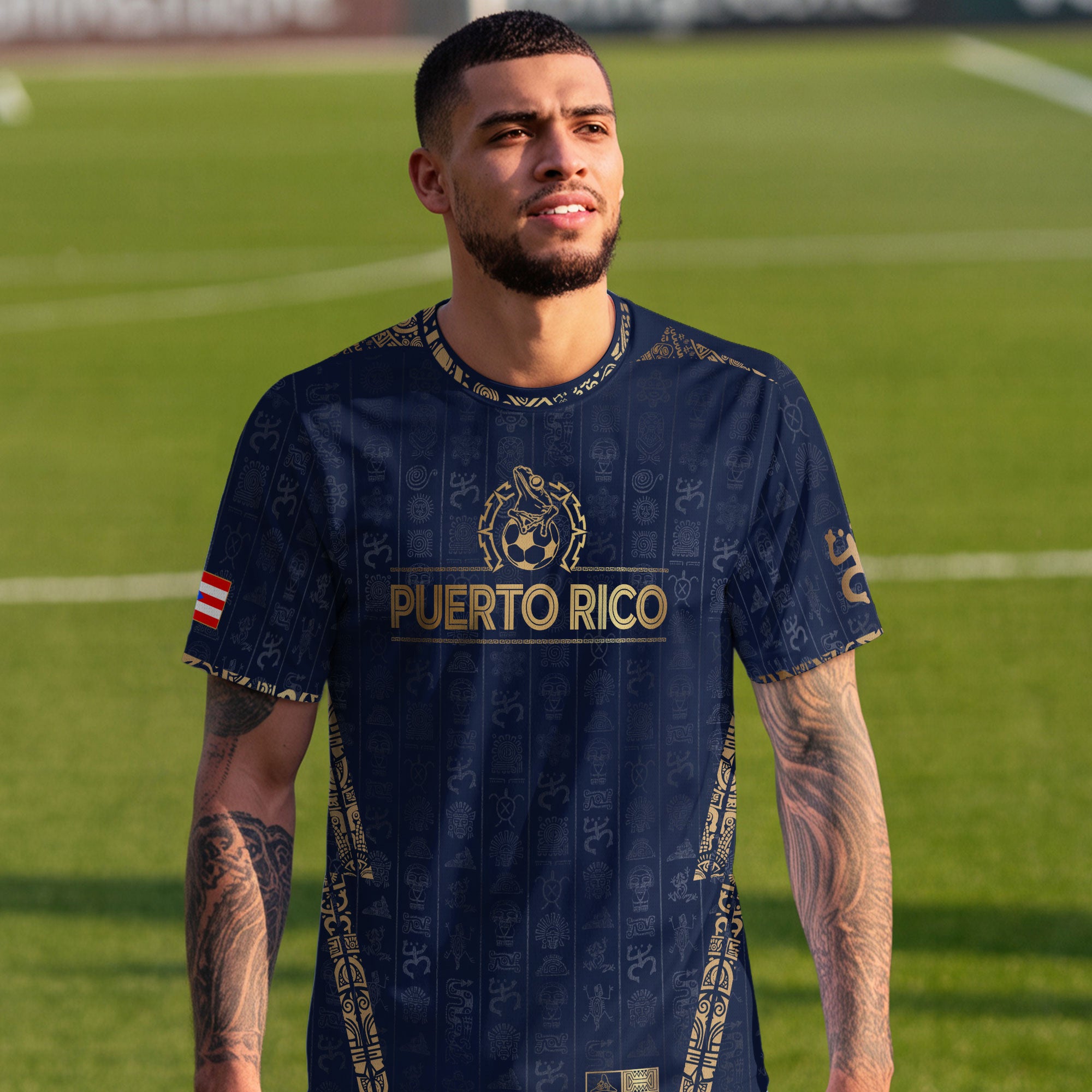 Camiseta de fútbol con el Sol Taino Dorado de la Marina de Puerto Rico, Patrimonio Nacional, Símbolos Boricuas