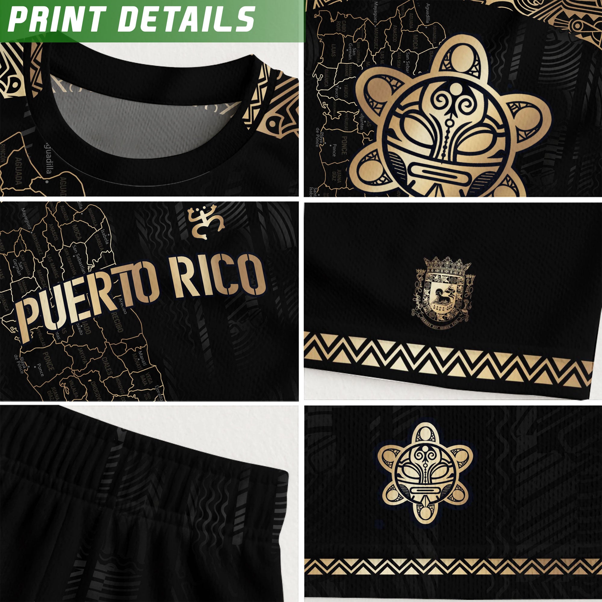 Camiseta de fútbol con el símbolo del mapa tribal boricua negro y dorado de Puerto Rico, herencia nacional