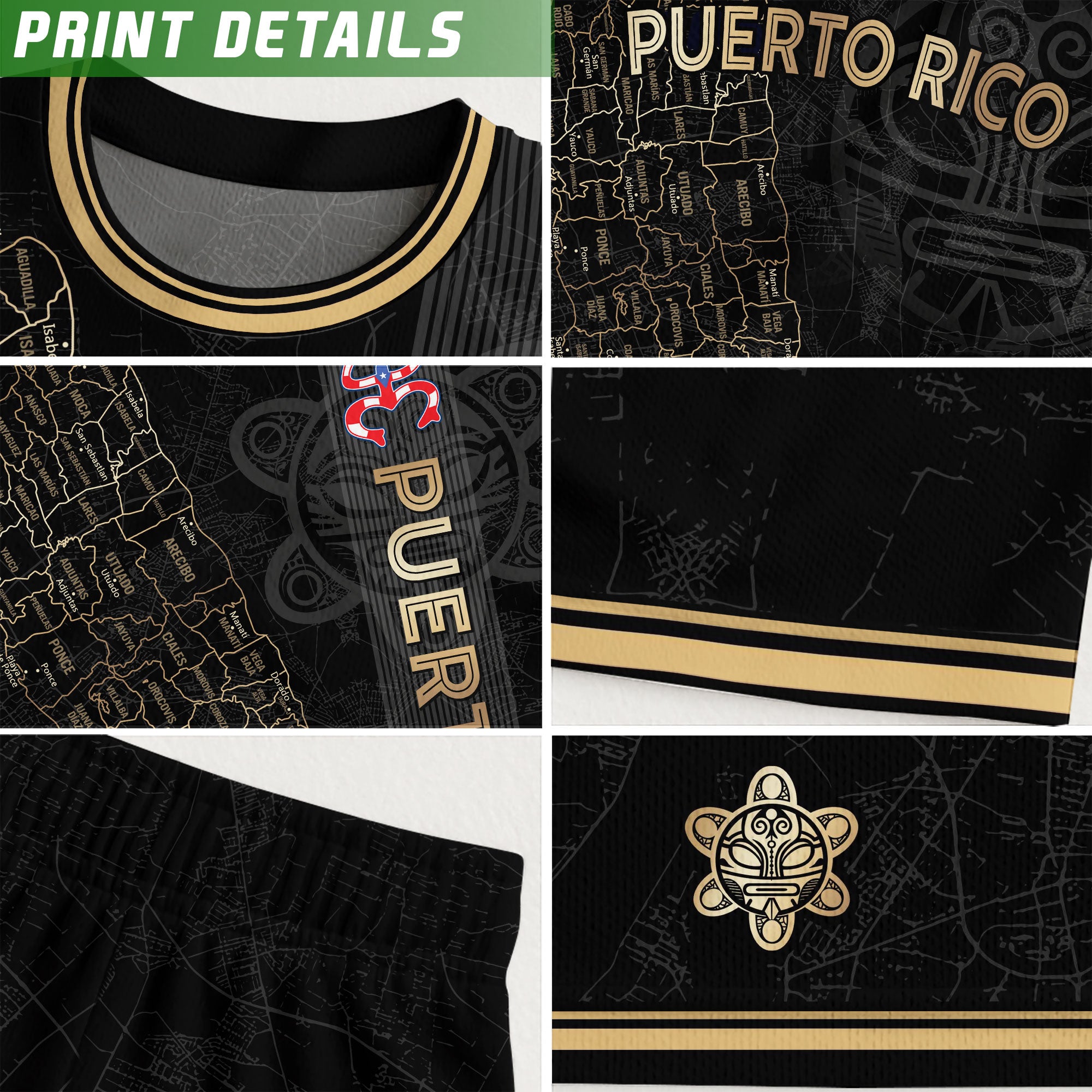 Camiseta nacional de fútbol con símbolos tribales boricuas y taínos de Puerto Rico en oro negro