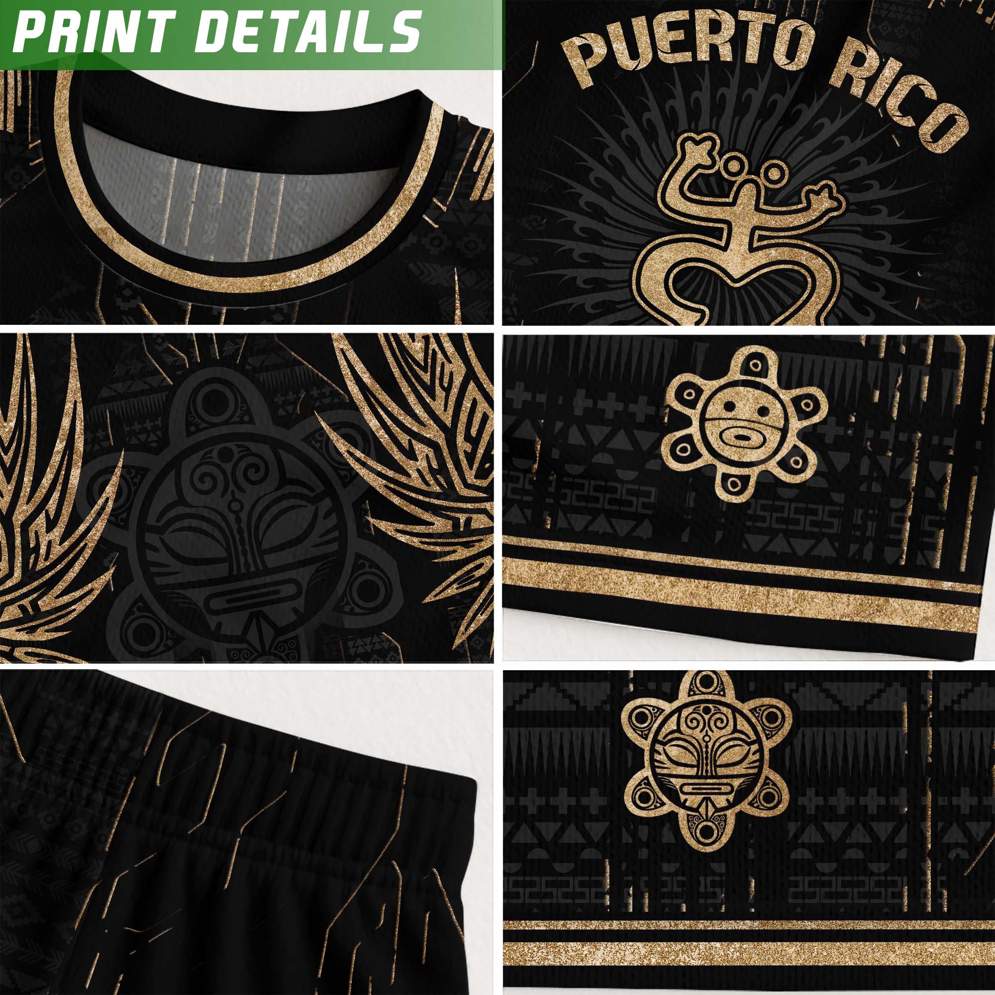 Camiseta de fútbol de la herencia nacional del guerrero tribal negro y dorado de Puerto Rico