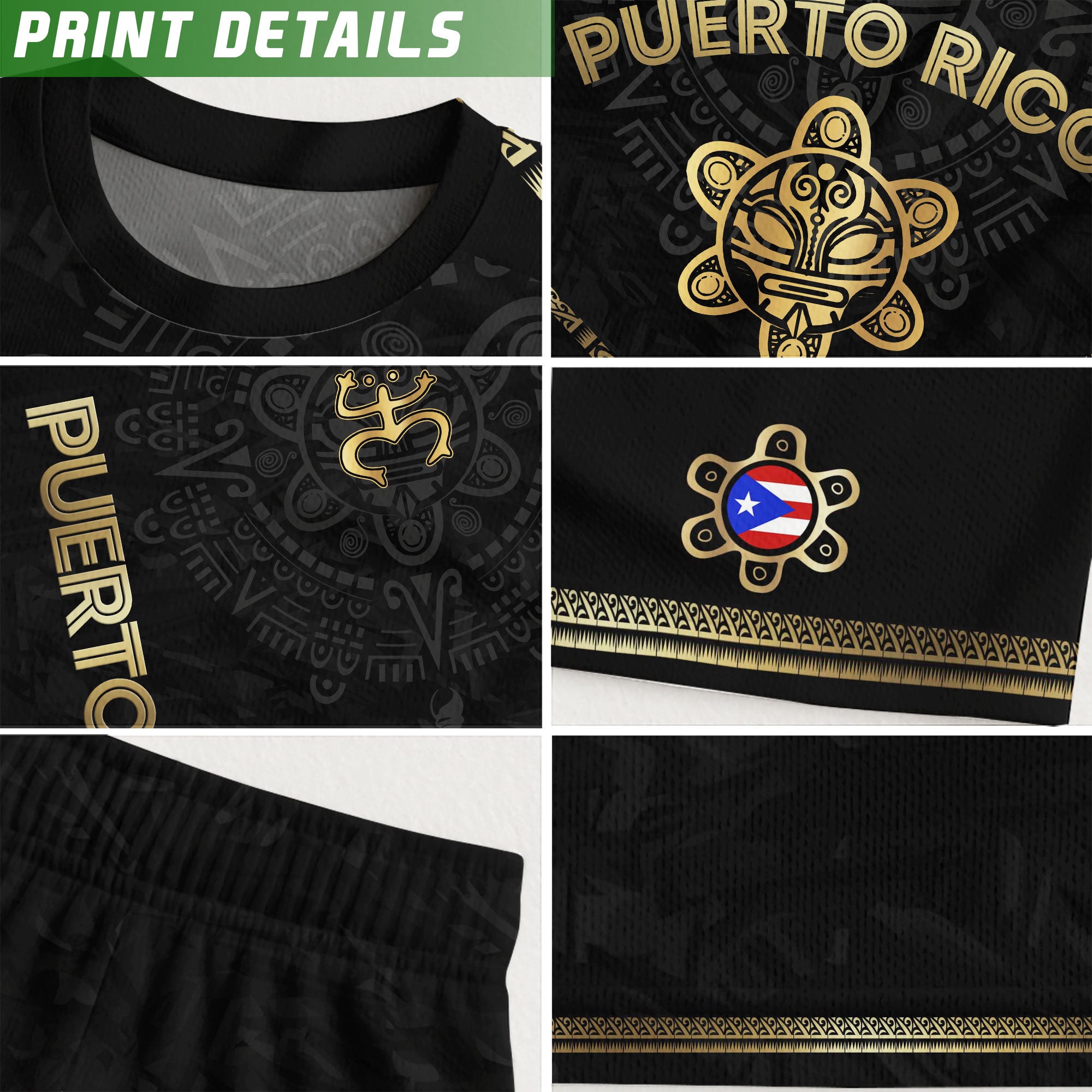 Camiseta de fútbol boricua de la herencia nacional del Sol Taino de la Rana Coquí Negra Dorada de Puerto Rico
