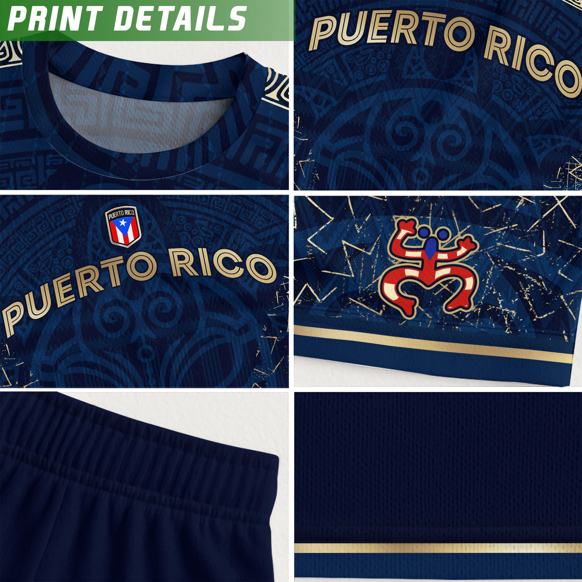 Camiseta de fútbol boricua de la herencia nacional con símbolo taíno azul real y dorado de Puerto Rico