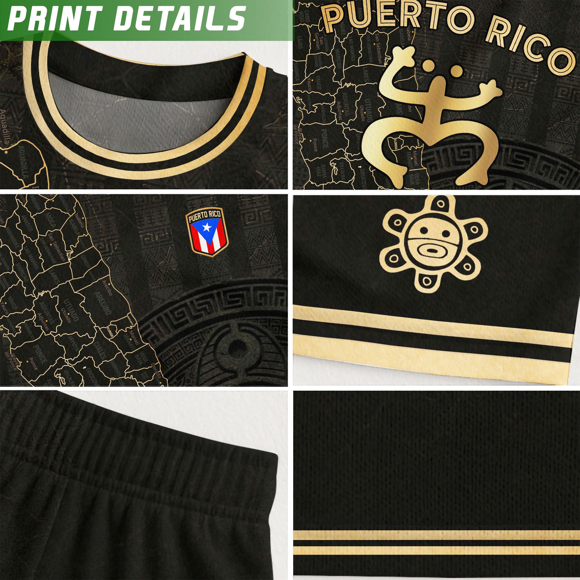 Camiseta de fútbol boricua del Patrimonio Nacional del Sol Taino con el Mapa de la Isla Dorada Negra de Puerto Rico