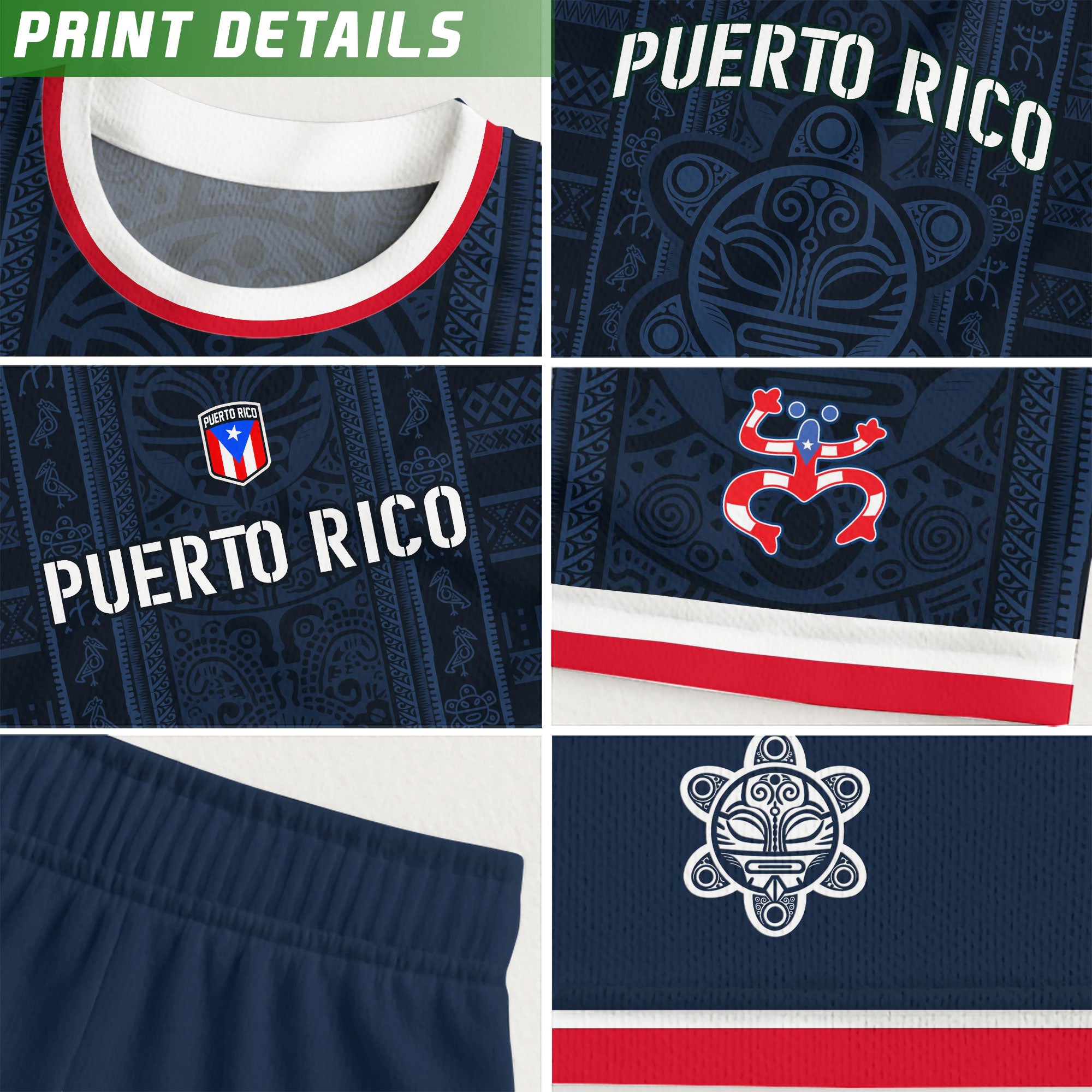 Camiseta de fútbol boricua de herencia nacional con patrón de símbolo taíno azul marino de Puerto Rico