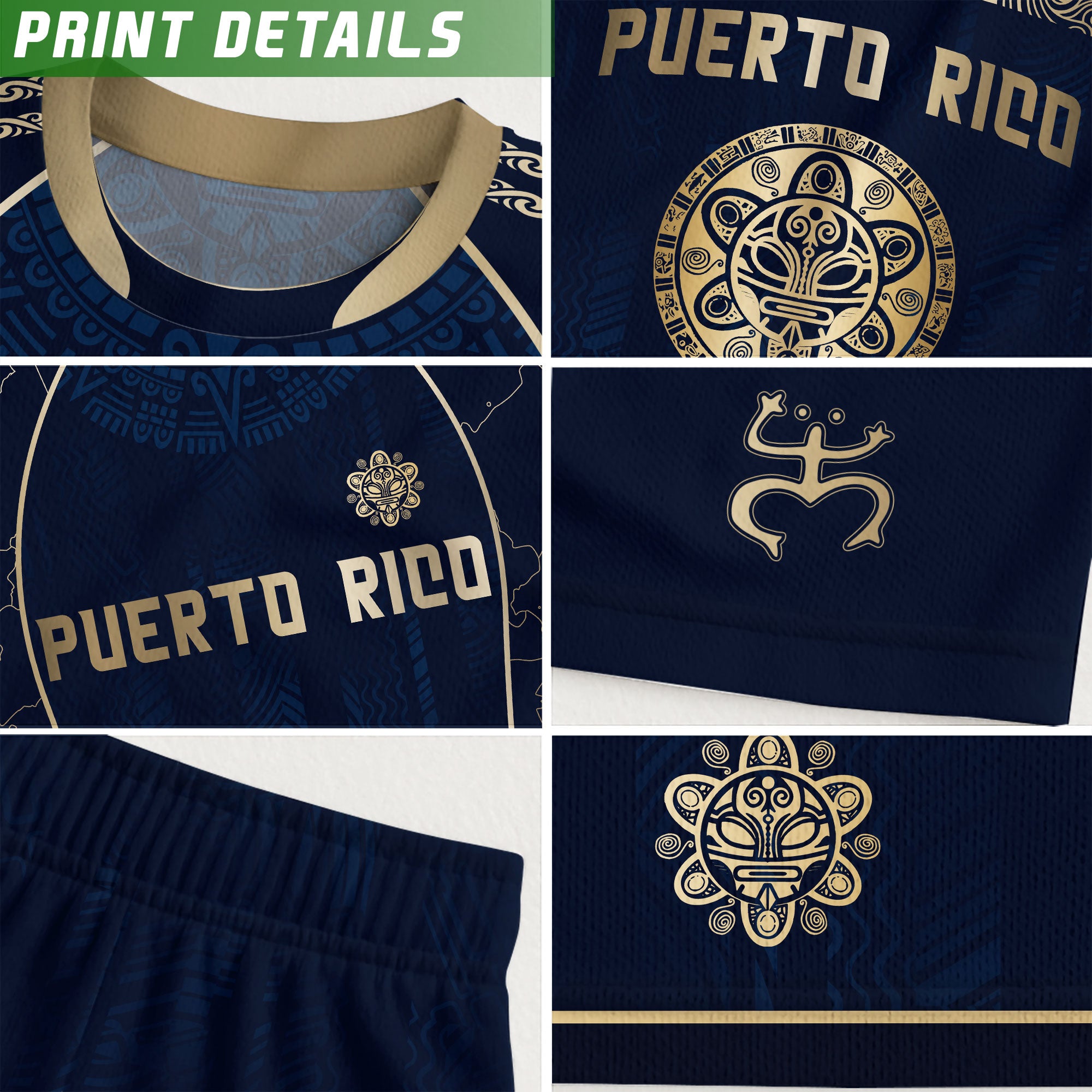 Puerto Rico Navy Gold Outline Map Taino Sun National Heritage Boricua Soccer Jersey