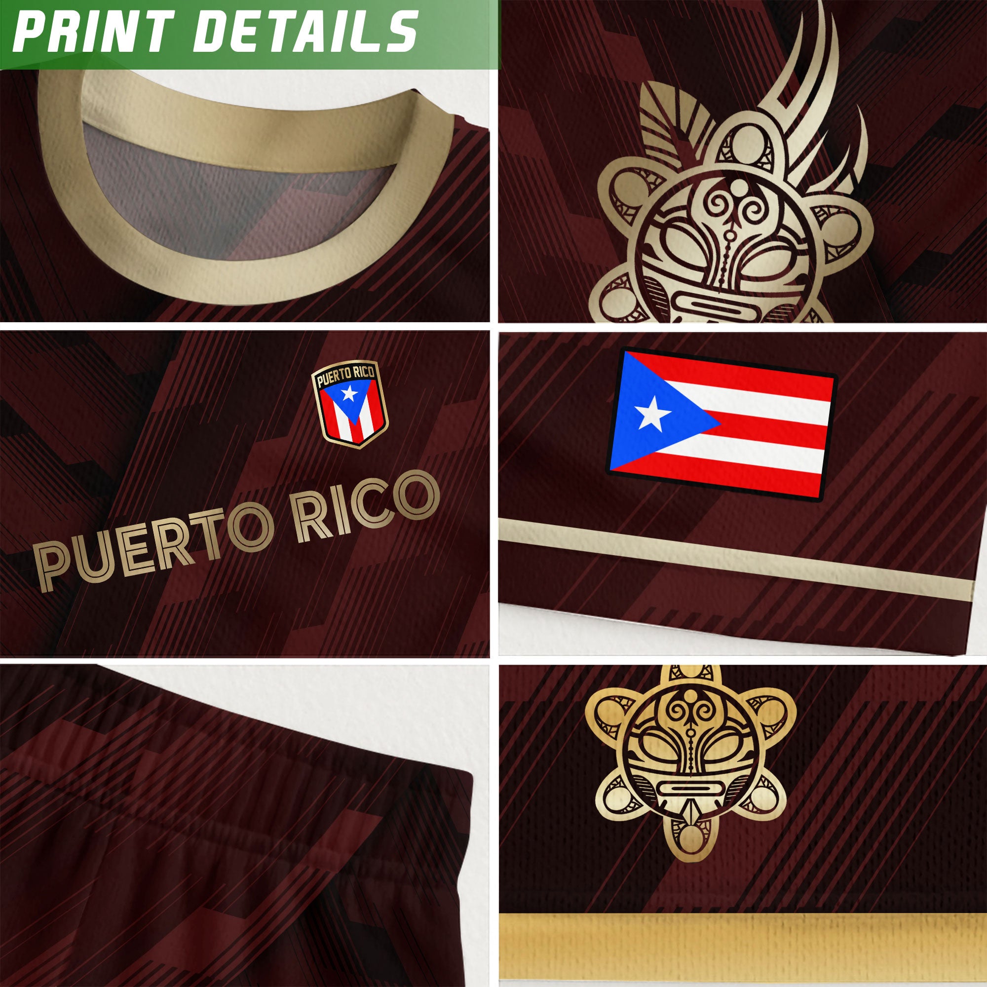 Camiseta de fútbol boricua del Patrimonio Nacional del Arte Taíno con Símbolo Dorado Granate de Puerto Rico