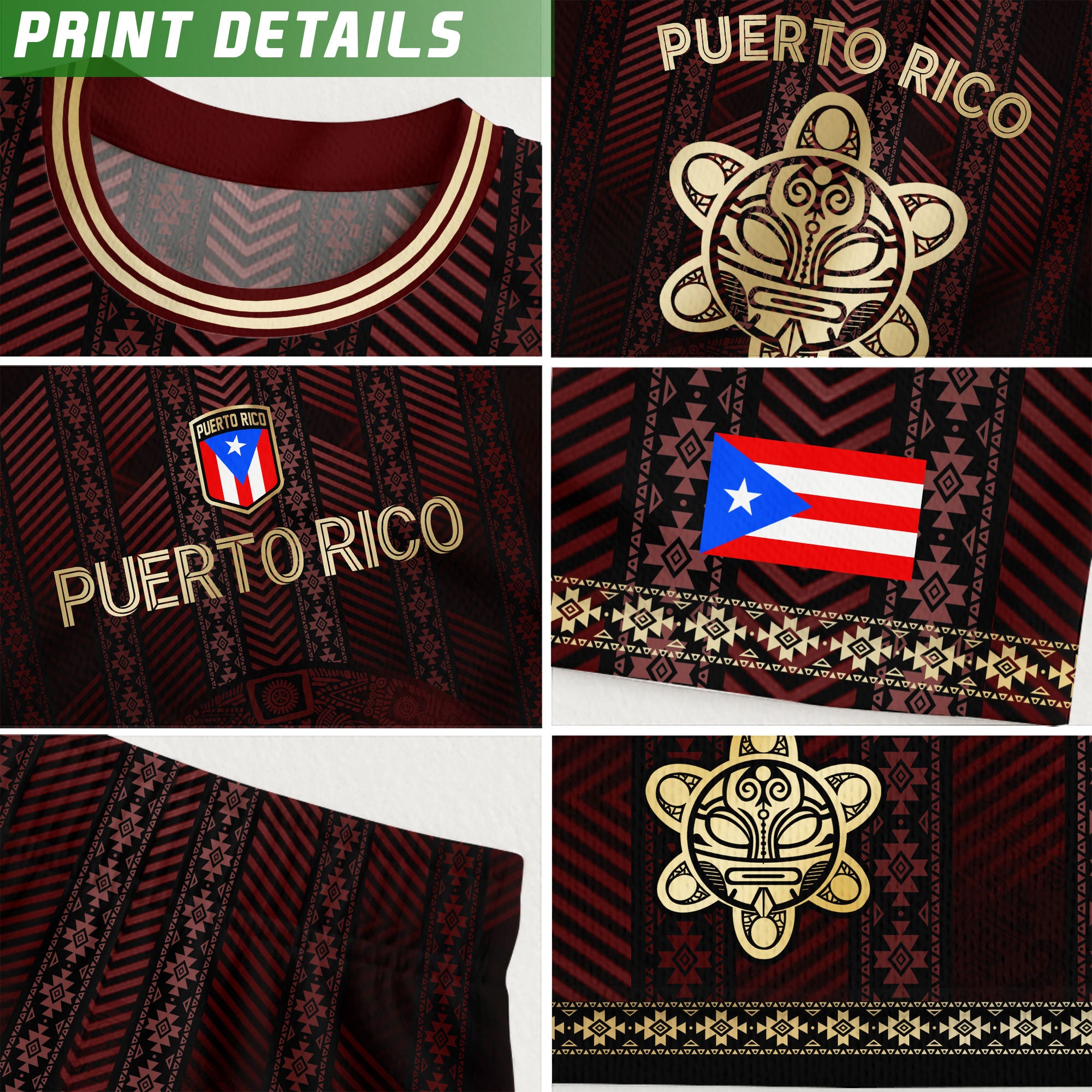 Puerto Rico Flag Maroon Gold Tribal Print National Heritage Sport Soccer Jersey
