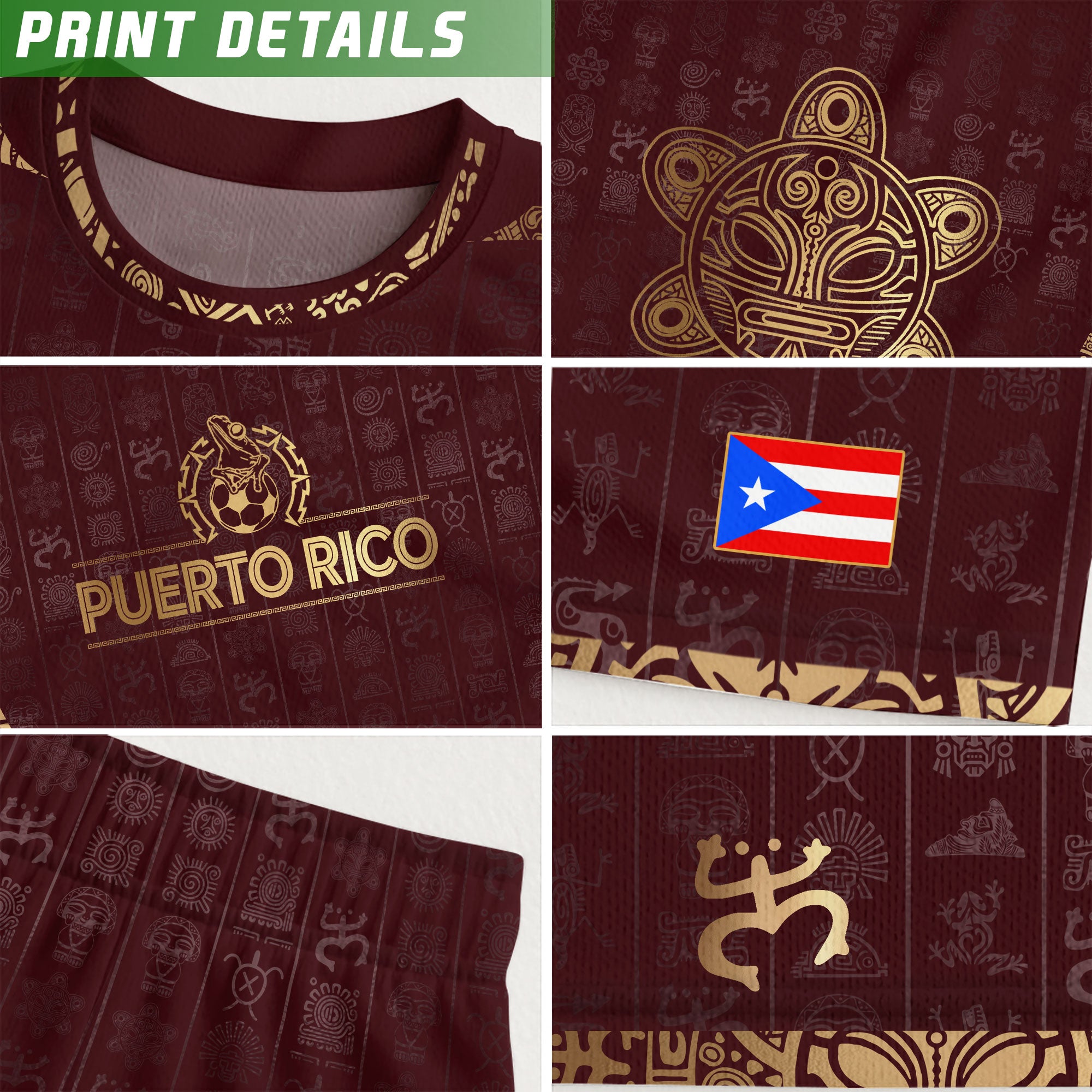 Camiseta de fútbol con símbolos boricuas del Sol Taíno, color dorado granate de Puerto Rico