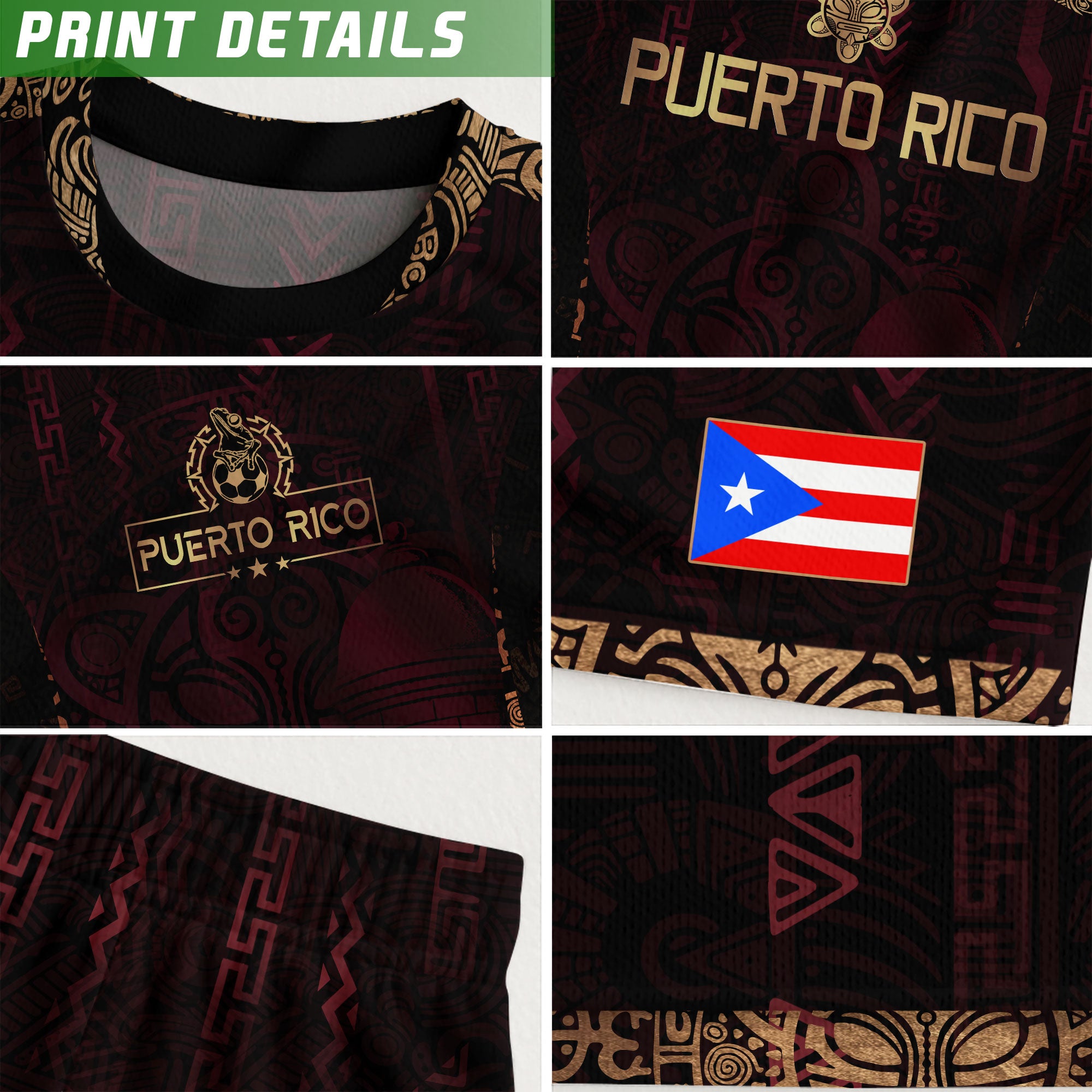 Puerto Rico Maroon Gold Heritage Taino Sun Boricua Coqui Frog Garita Camiseta de fútbol