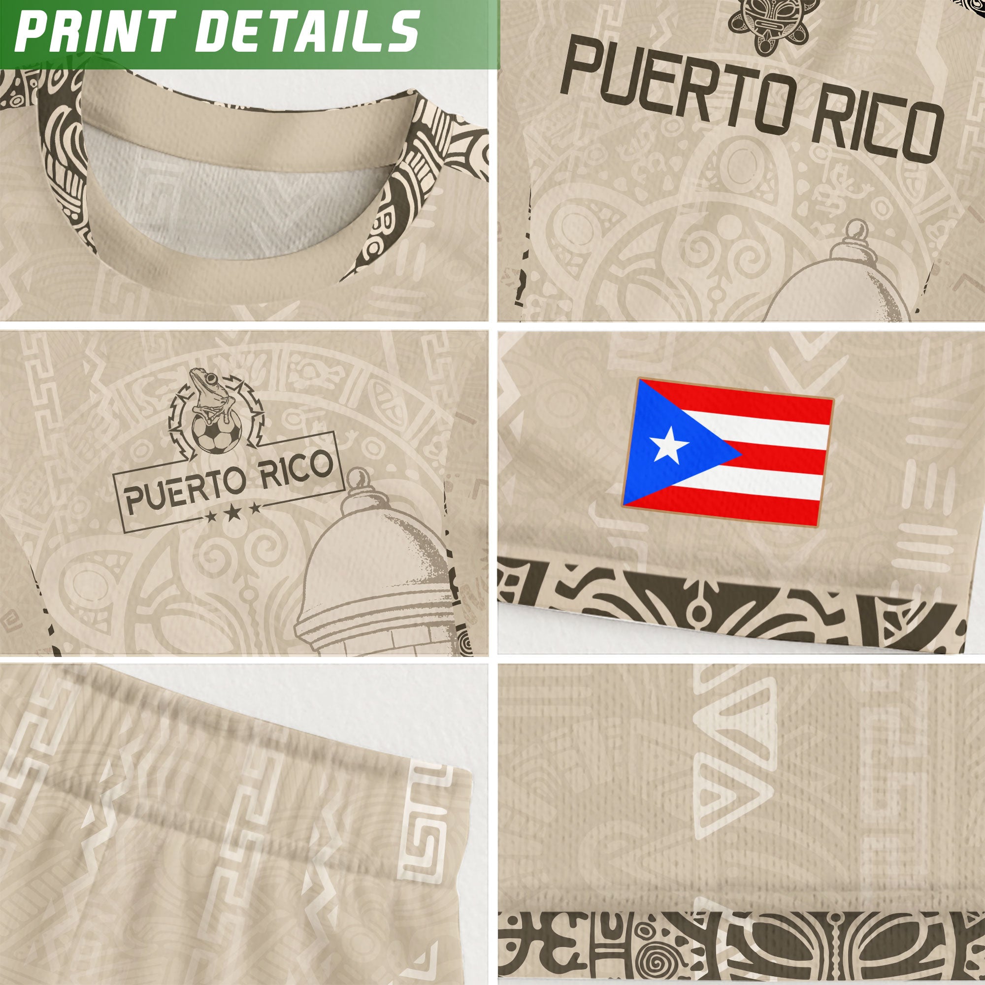 Puerto Rico Beige Gold Coqui Frog Floral Garita Taino Sun National Heritage Soccer Jersey
