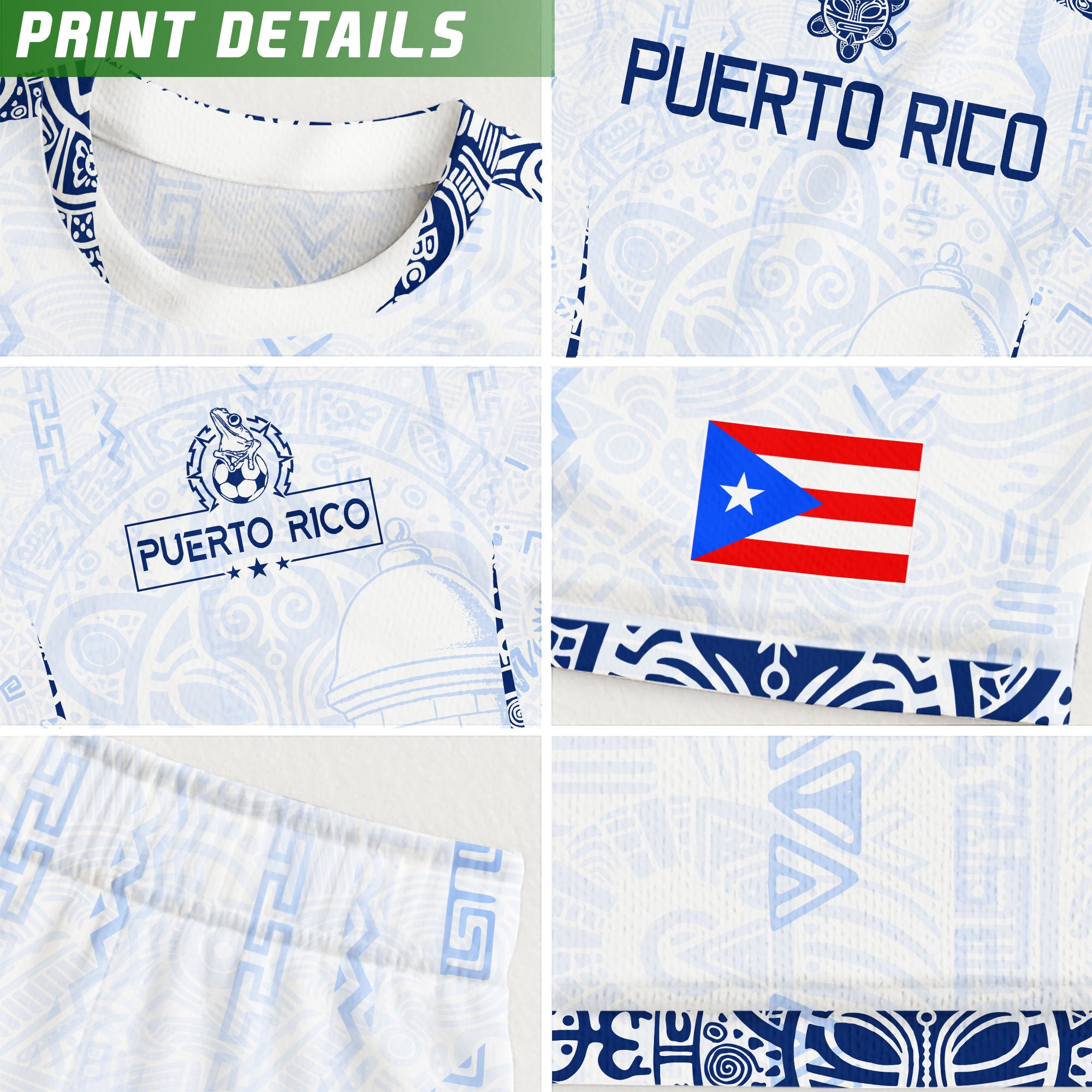 Puerto Rico Blanco Azul Coqui Rana Garita Floral Taino Sun National Heritage Soccer Jersey