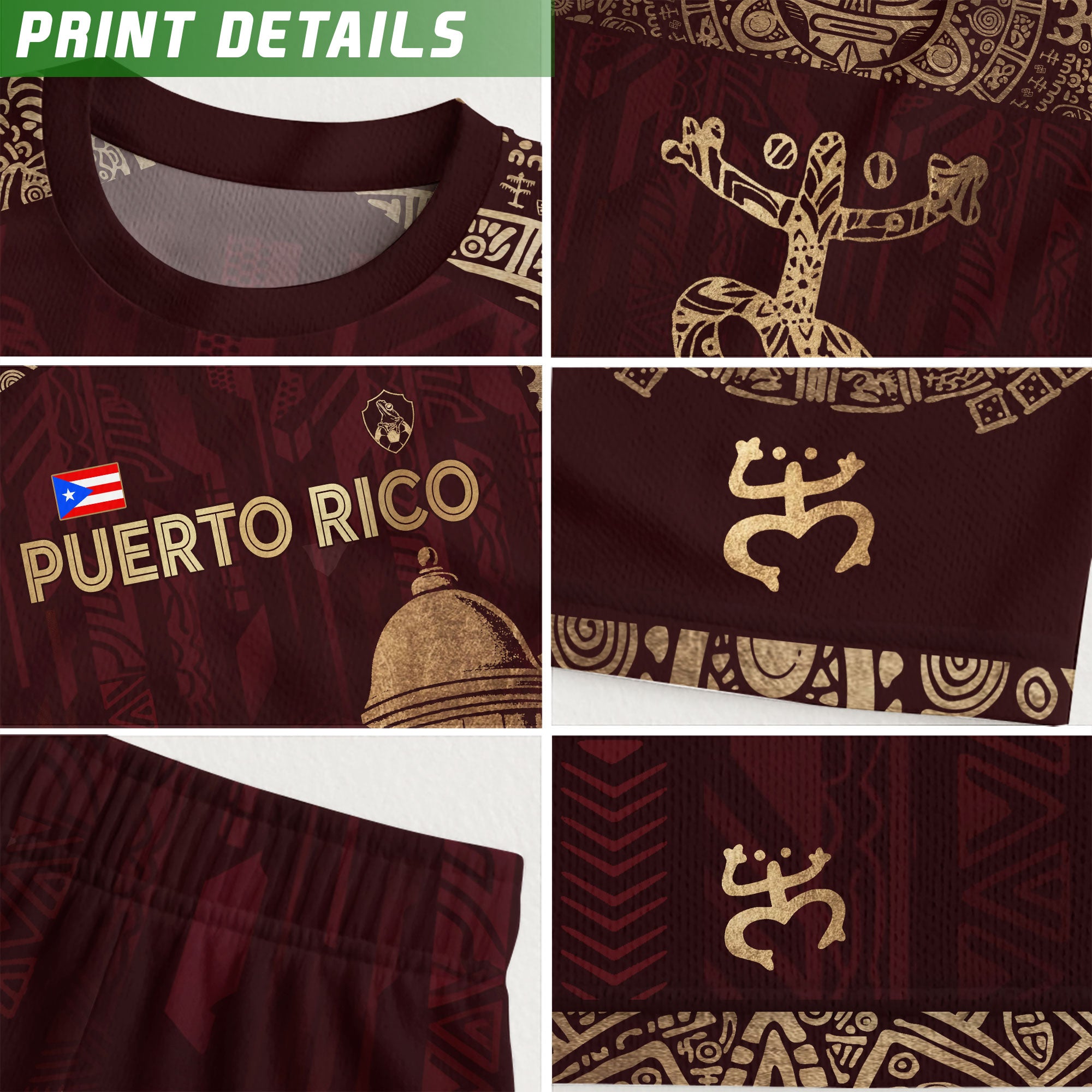 Puerto Rico Maroon Gold Coqui Frog Garita Floral Taino Sun National Heritage Camiseta de fútbol